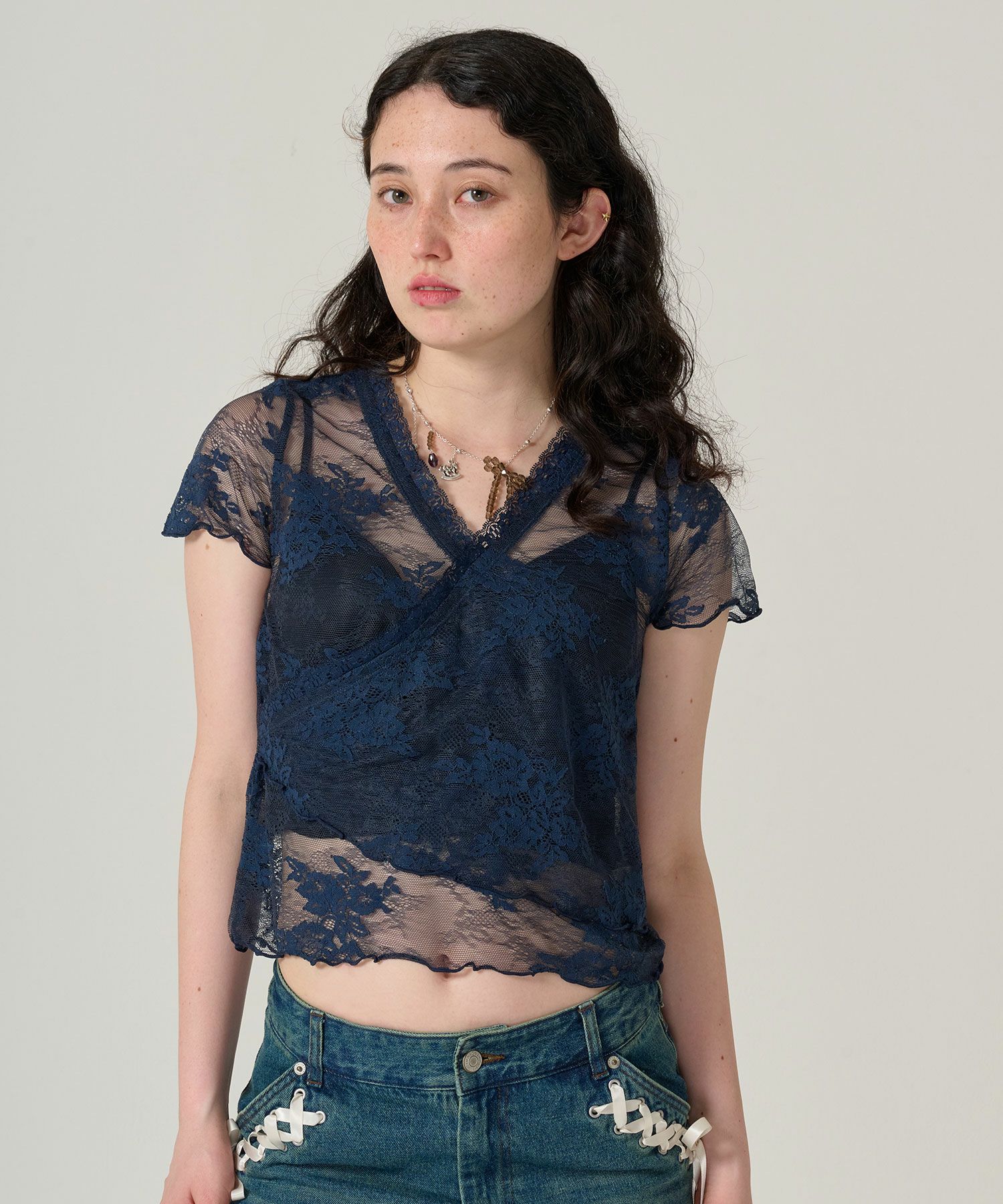 レース/カシュクール/トップス/ネイビー