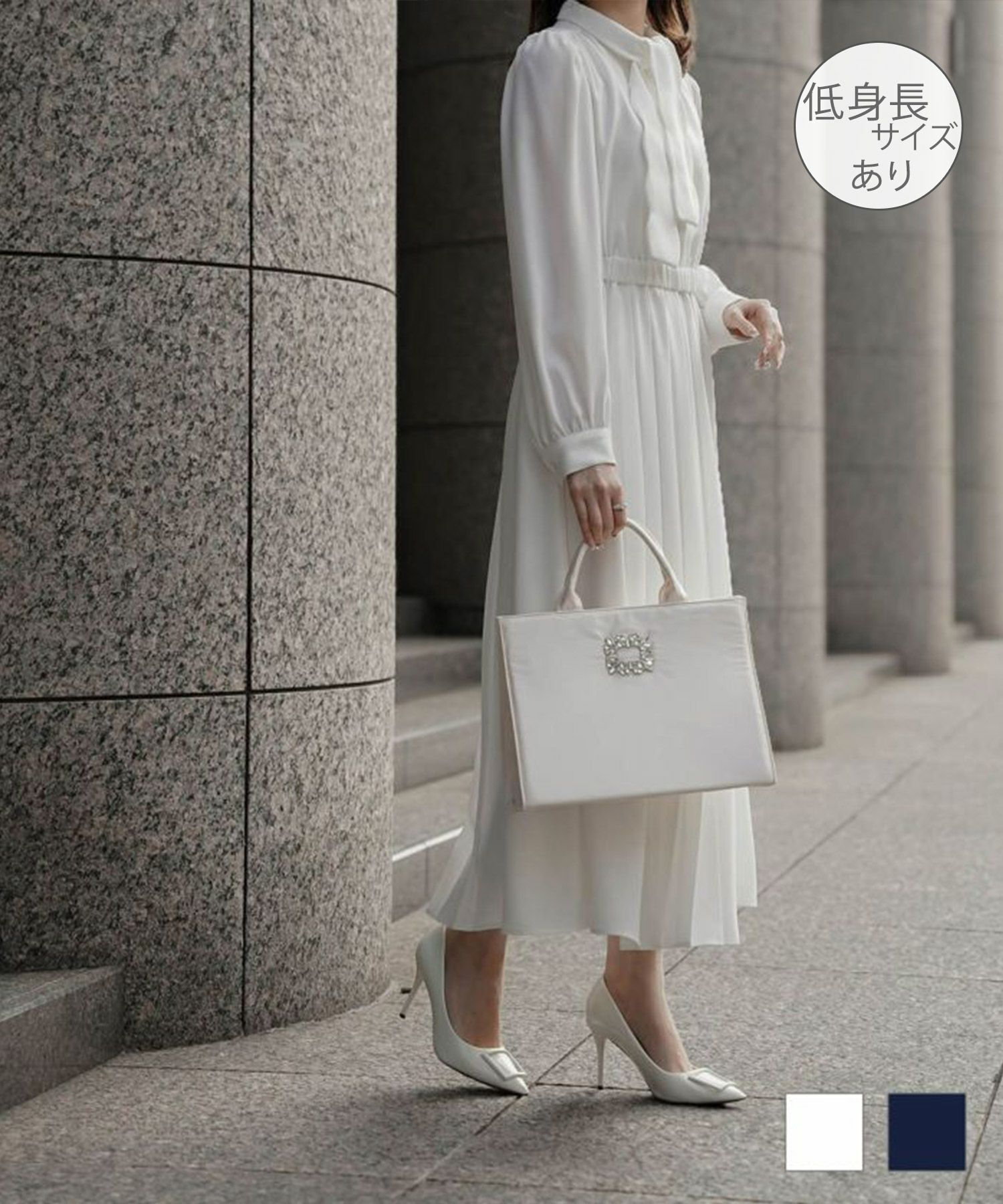 スカラップタイ プリーツ ワンピース HUIT アイボリー/ネイビー