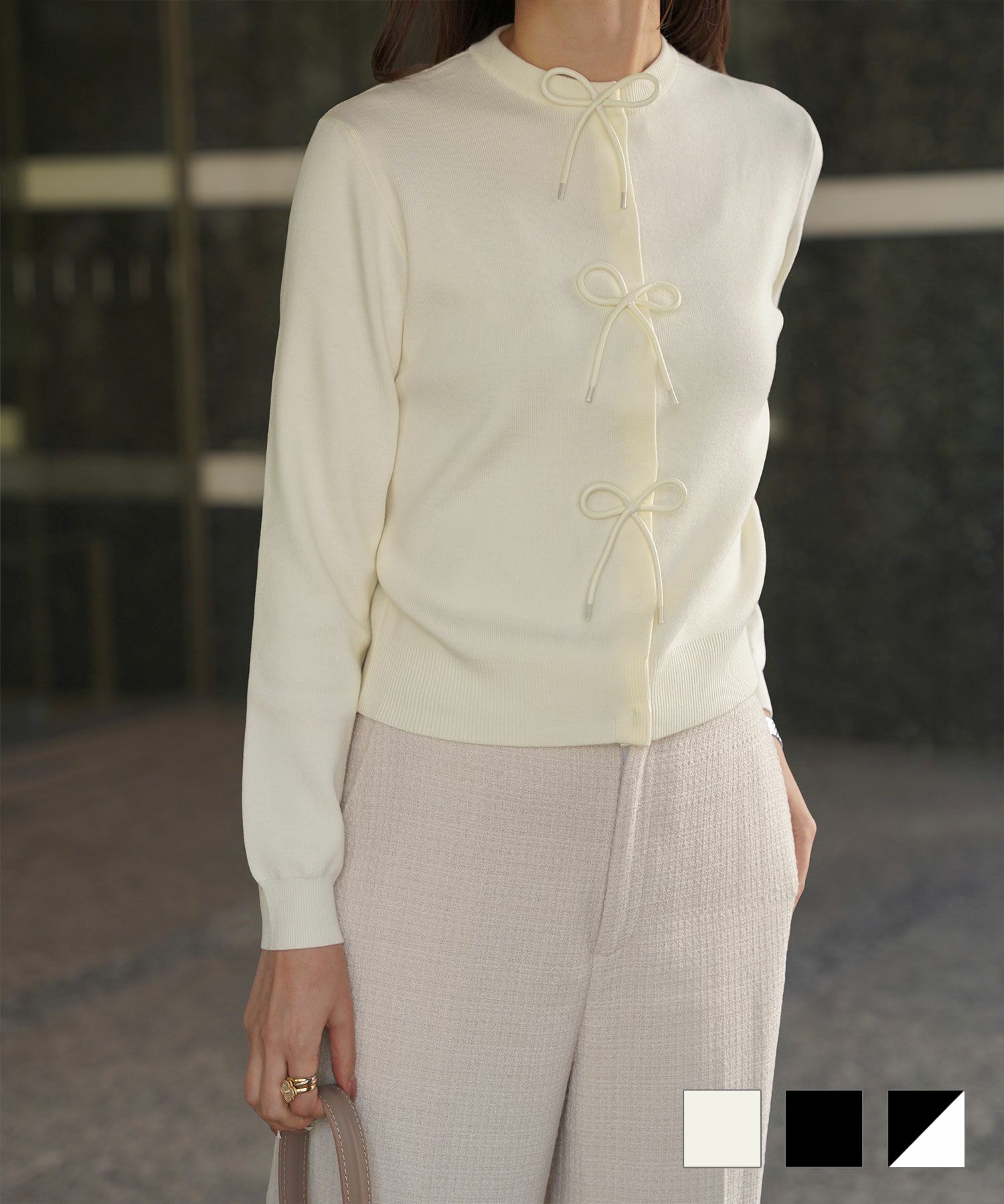 フロントリボン ニット カーディガン HUIT アイボリー/ブラック/ミックス