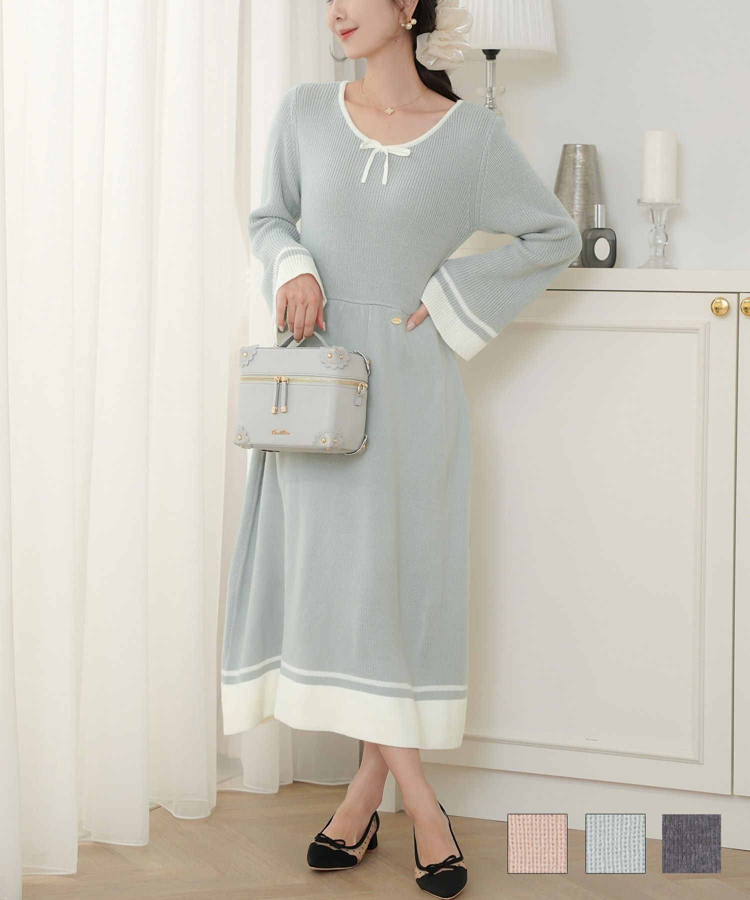 バイカラーリボンニットワンピースlerevevanillerピンクベージュ/ライトブルー/チャコール