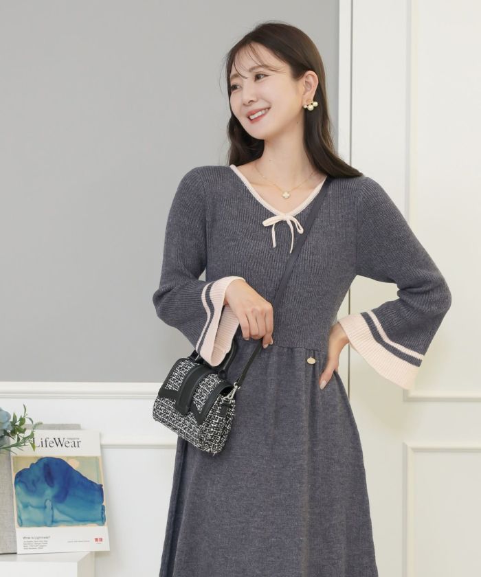 TIME-SALE バイカラー リボンニット ワンピース le reve vaniller 全3