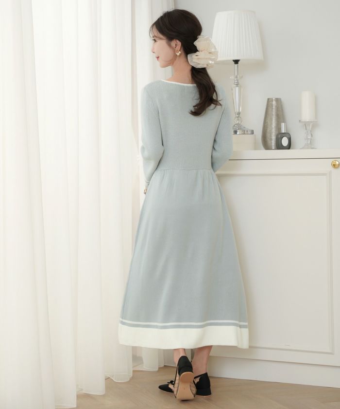 【etereve】アイボリー ロゴリボンニットワンピース 即納クーポン対象 バイカラー リボンニット ワンピース le reve