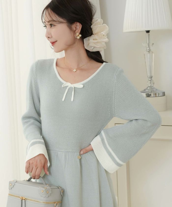 即納クーポン対象 バイカラー リボンニット ワンピース le reve