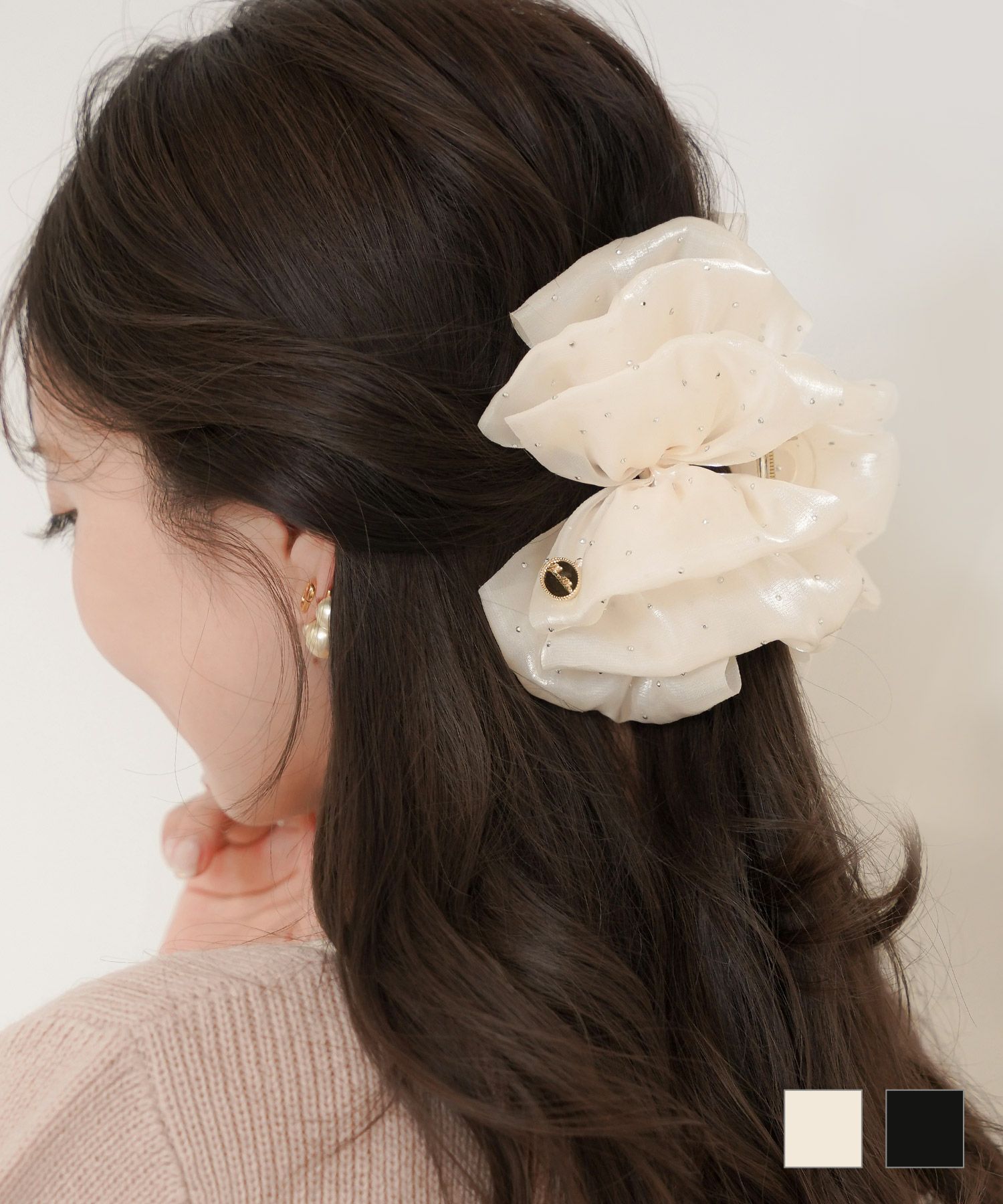 キラキラシュシュ風バンスクリップlerevevanillerホワイト/ブラック