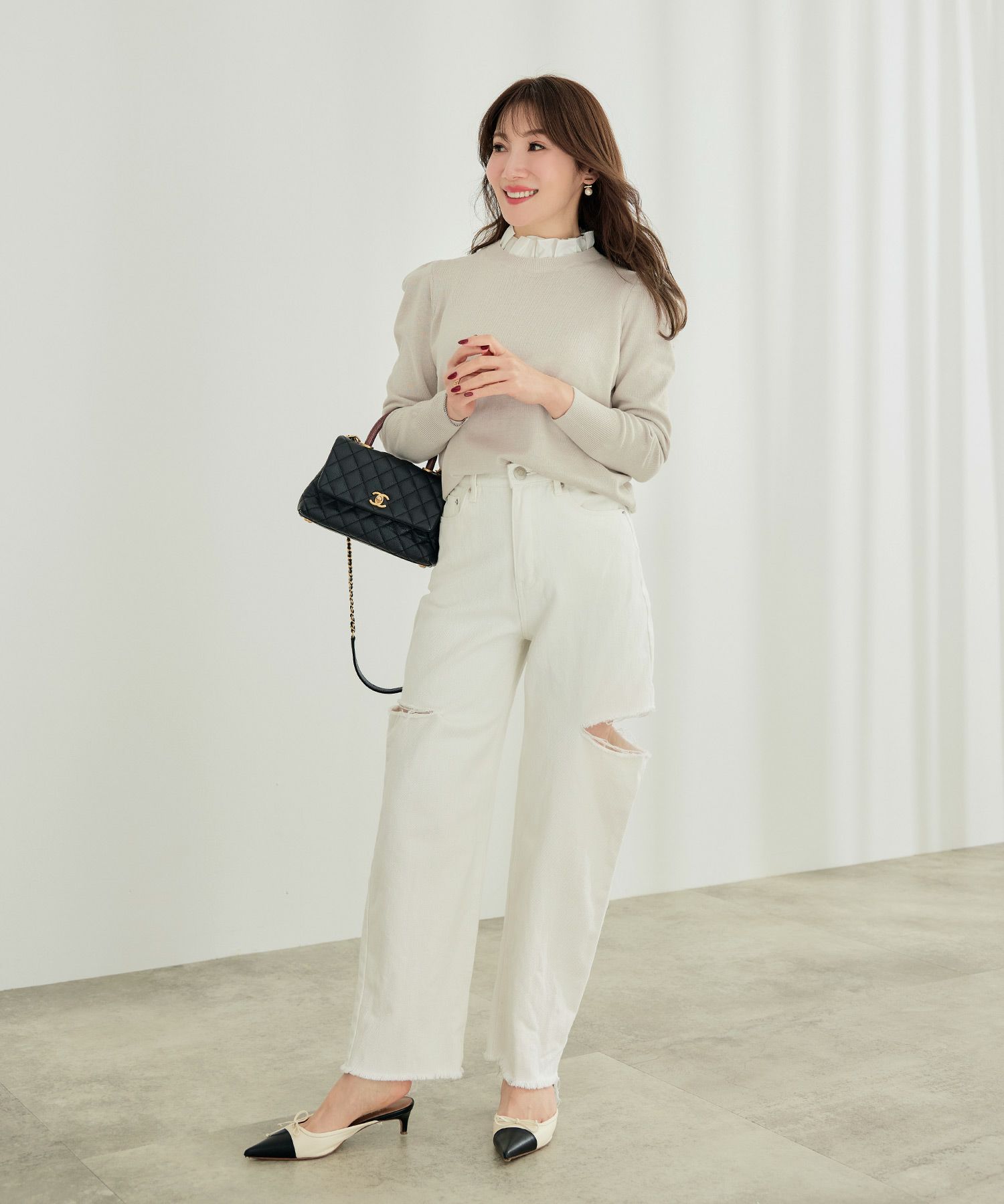 手洗い可 トップス レディース フリル かわいい オフィス きれいめ 上品 白 ベージュ 秋冬 ジョイントスペース