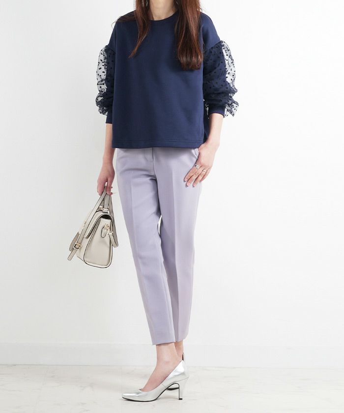 セレクトウォッシャブルレディーストップスチュールドット長袖春秋かわいい黒ジョイントスペース