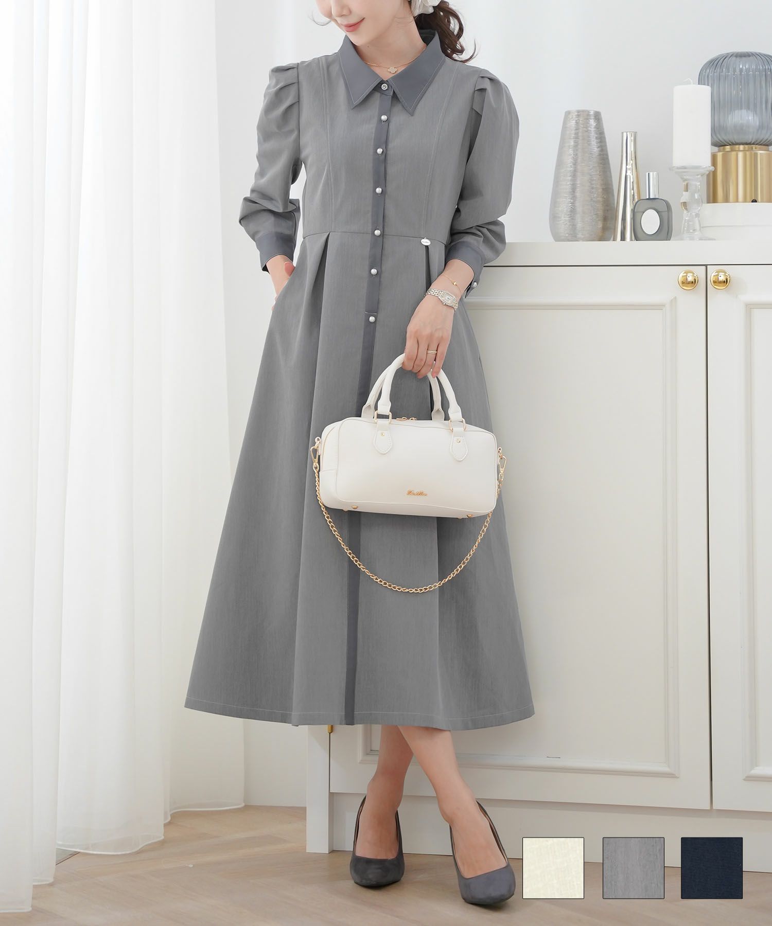 アソートバイカラーシャツワンピースlerevevanillerアイボリー/グレー/ネイビー