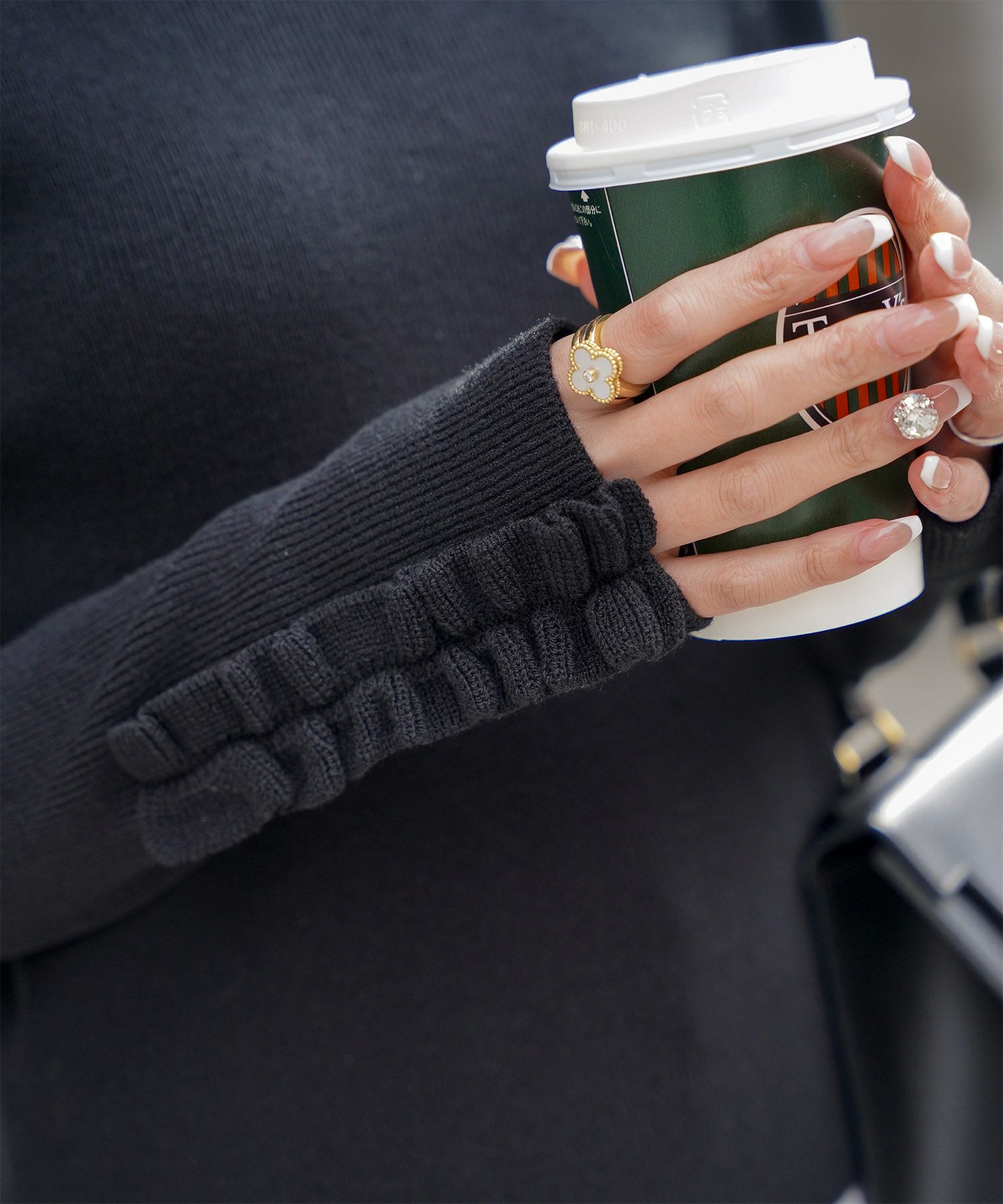 指穴 上品 ベーシック リブニット アームウォーマー トレンド 防寒/アイボリー/ベージュ/グレー/ブラック/M