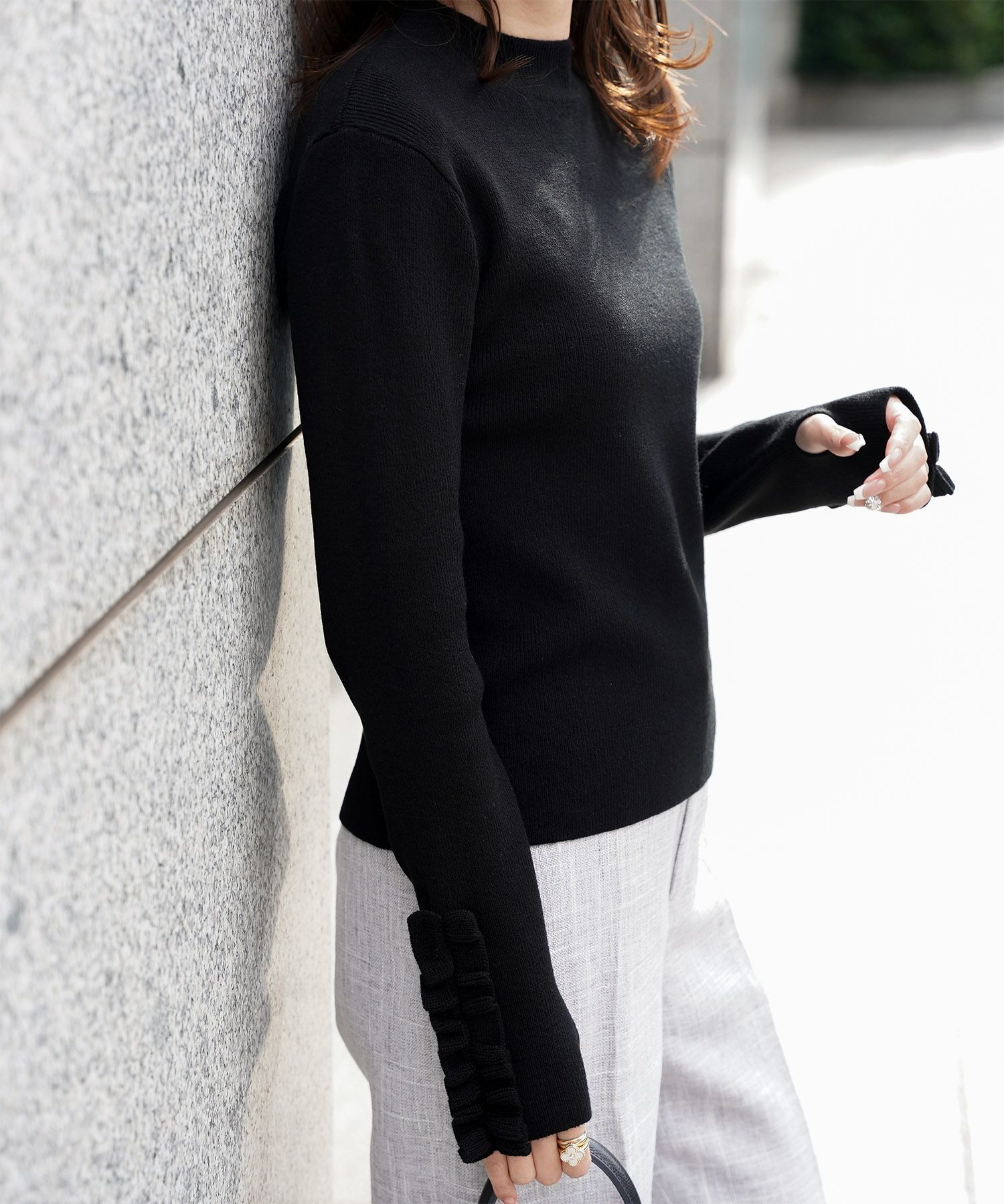 指穴 上品 ベーシック リブニット アームウォーマー トレンド 防寒/アイボリー/ベージュ/グレー/ブラック/M