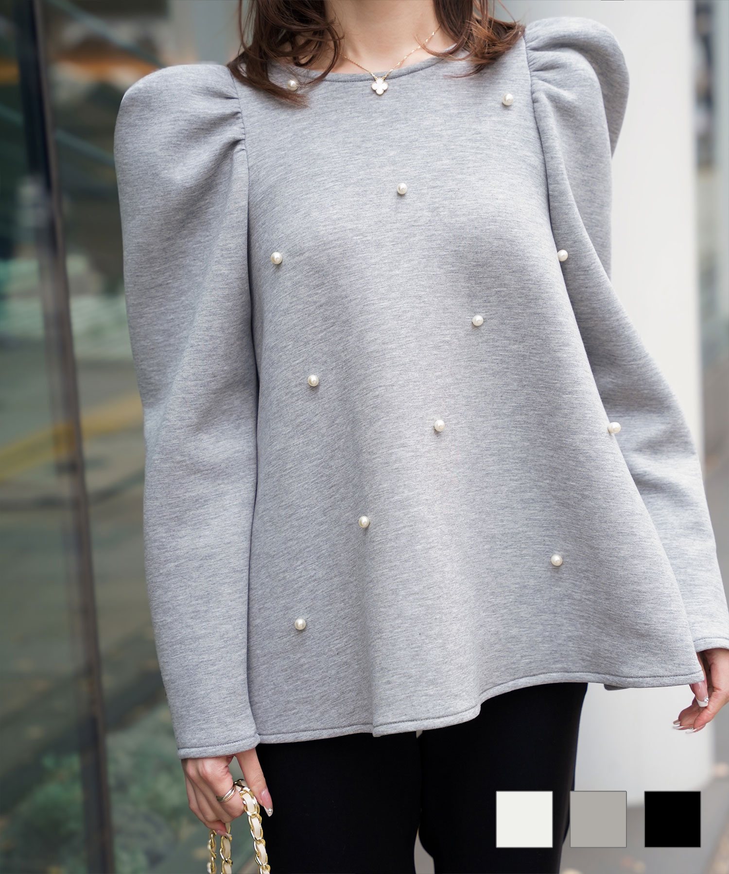 パール付き 美肩 トップス HUIT ホワイト/グレー/ブラック