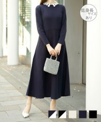 フラワーモチーフ 襟付き ニット ワンピース HUIT ネイビーミックス/アイボリー/ネイビー/ブラック/ミックス