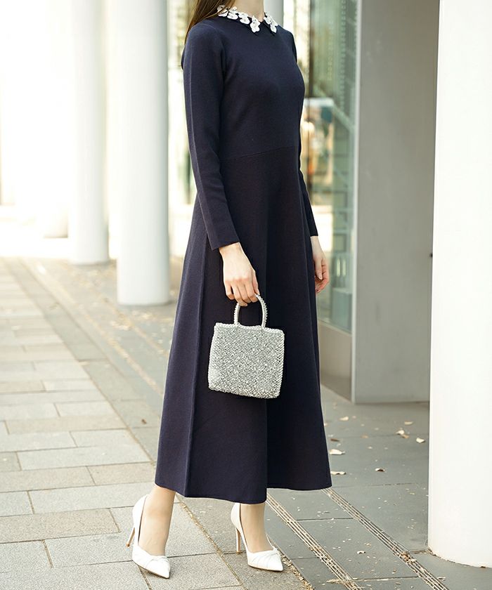 サテン ビジュー 上品 フレア アンゴラタッチ オケージョン/アイボリー/ネイビー/ブラック/ミックス/S/M