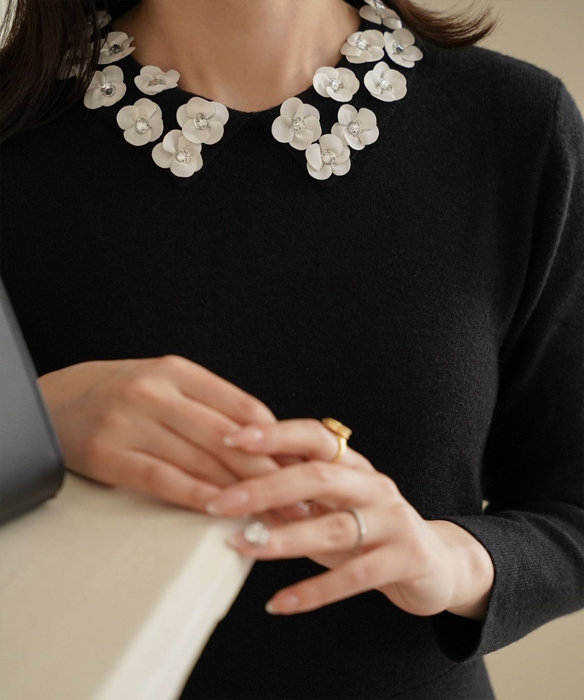 サテン ビジュー 上品 フレア アンゴラタッチ オケージョン/アイボリー/ネイビー/ブラック/ミックス/S/M