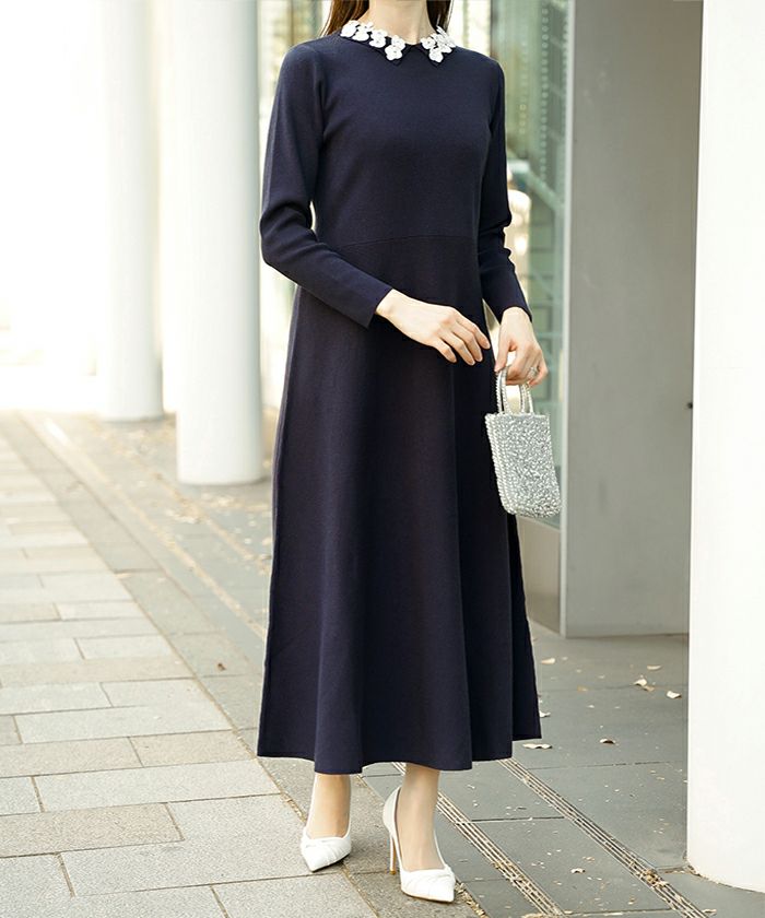 サテン ビジュー 上品 フレア アンゴラタッチ オケージョン/アイボリー/ネイビー/ブラック/ミックス/S/M