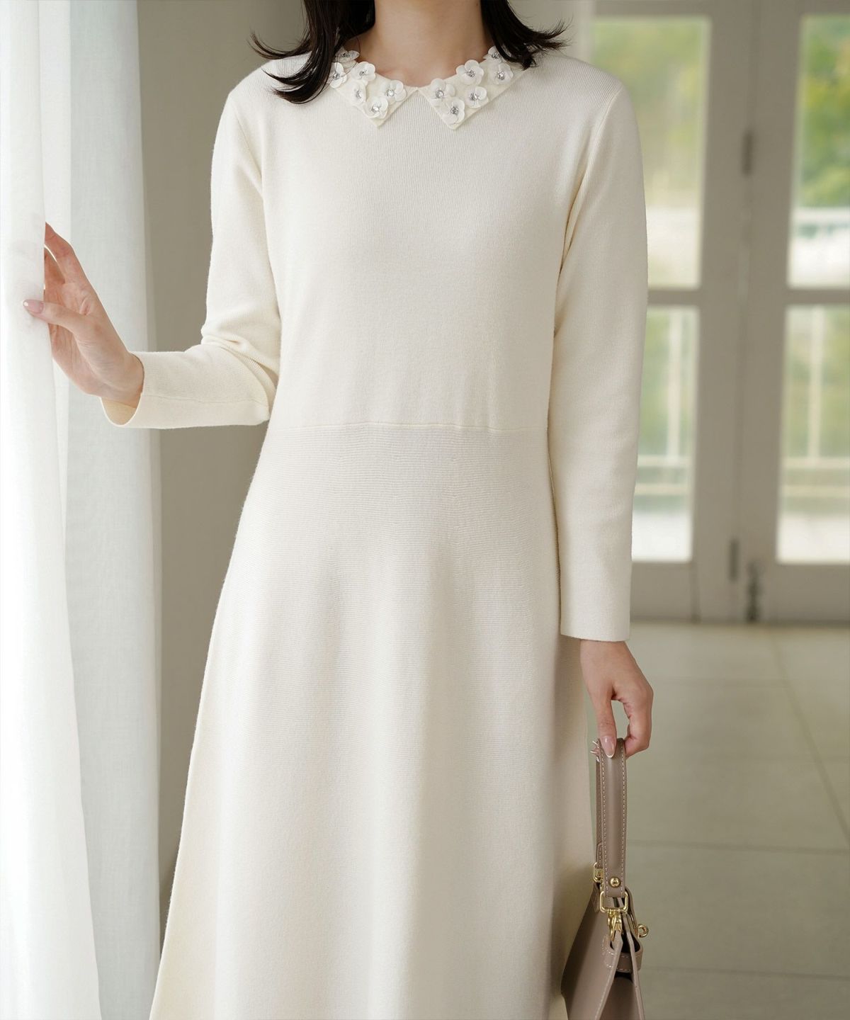 サテン ビジュー 上品 フレア アンゴラタッチ オケージョン/アイボリー/ネイビー/ブラック/ミックス/S/M