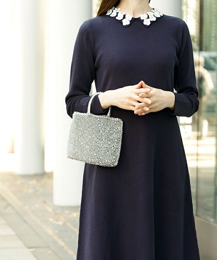 サテン ビジュー 上品 フレア アンゴラタッチ オケージョン/アイボリー/ネイビー/ブラック/ミックス/S/M