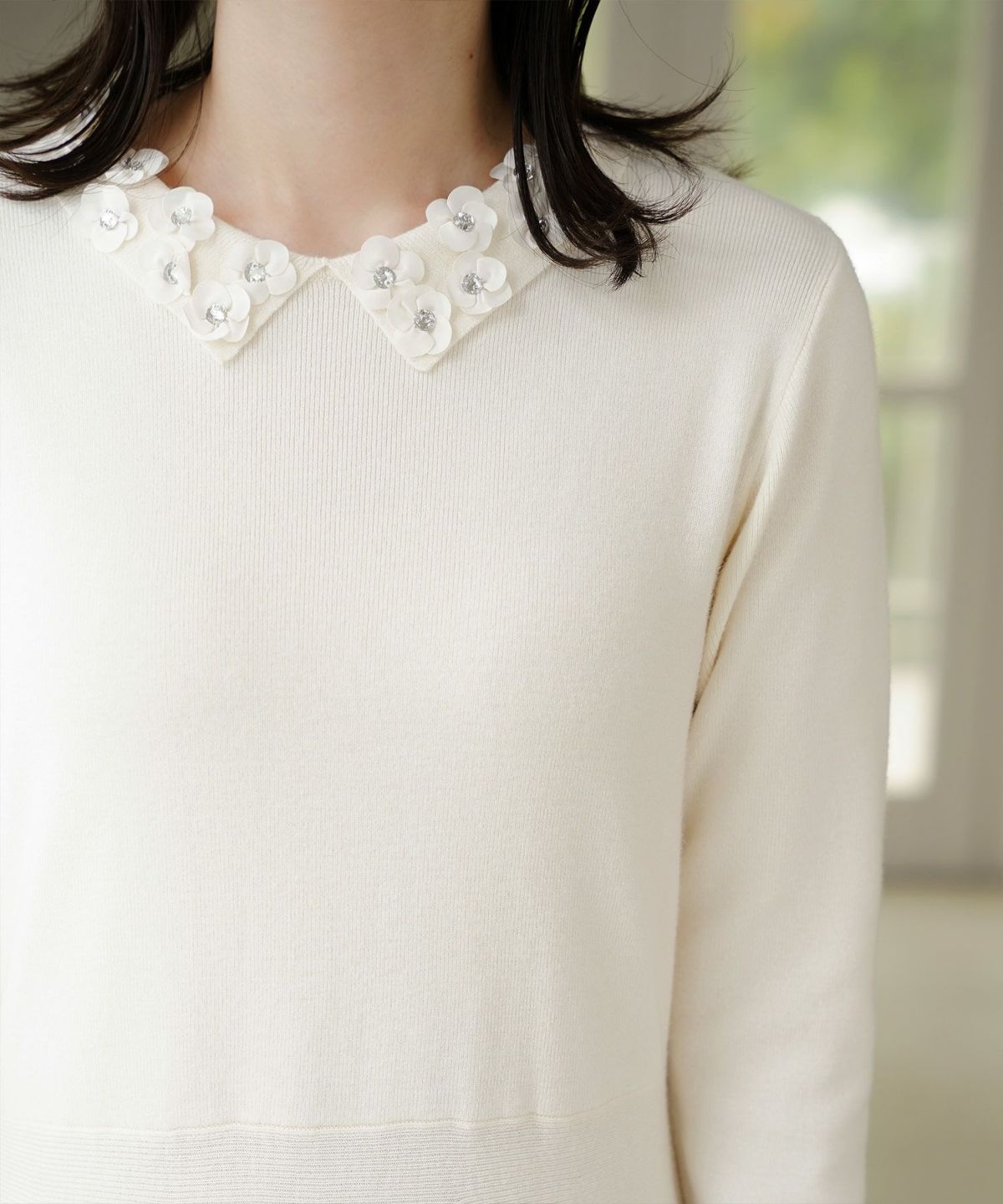 サテン ビジュー 上品 フレア アンゴラタッチ オケージョン/アイボリー/ネイビー/ブラック/ミックス/S/M