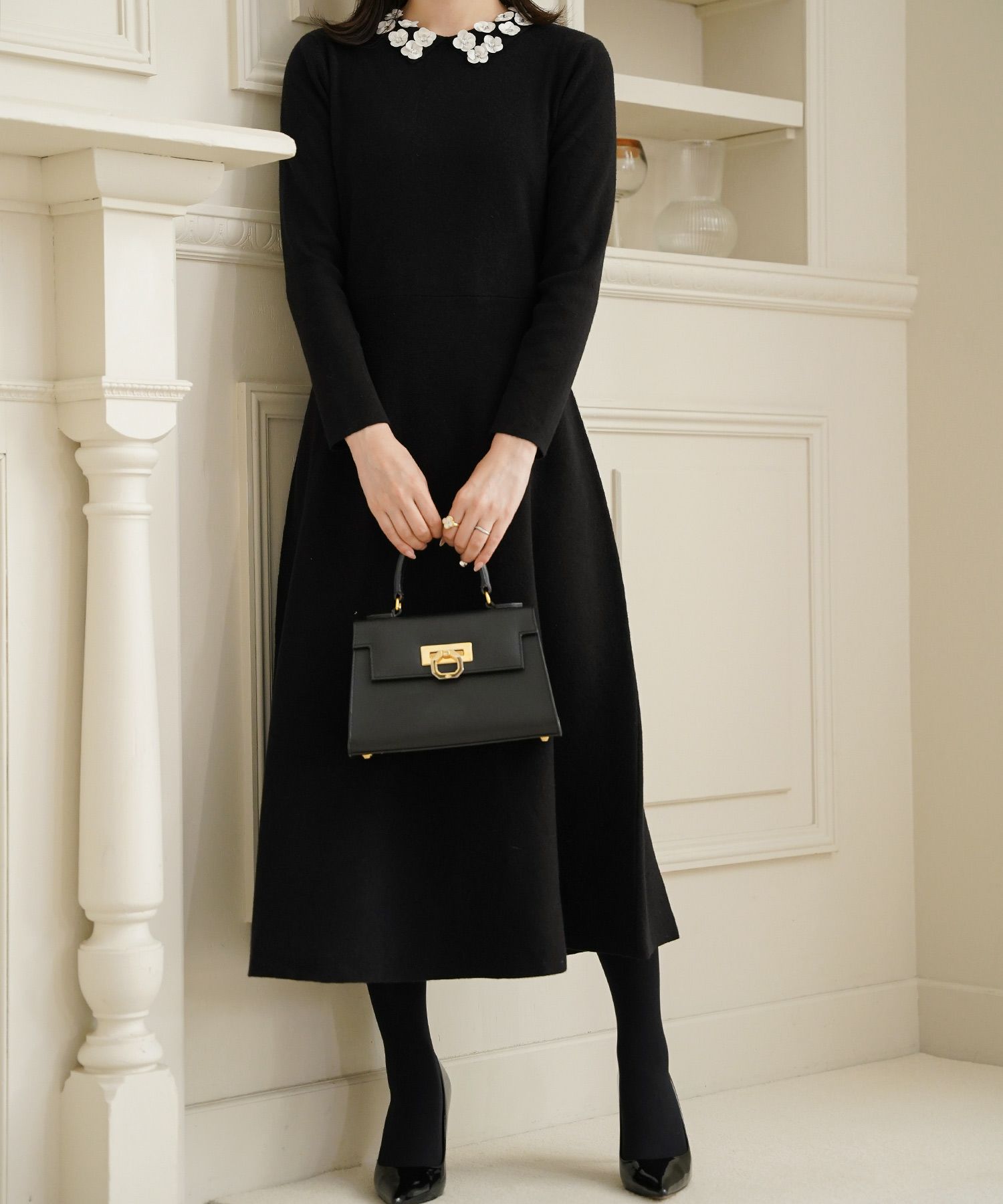 サテン ビジュー 上品 フレア アンゴラタッチ オケージョン/アイボリー/ネイビー/ブラック/ミックス/S/M