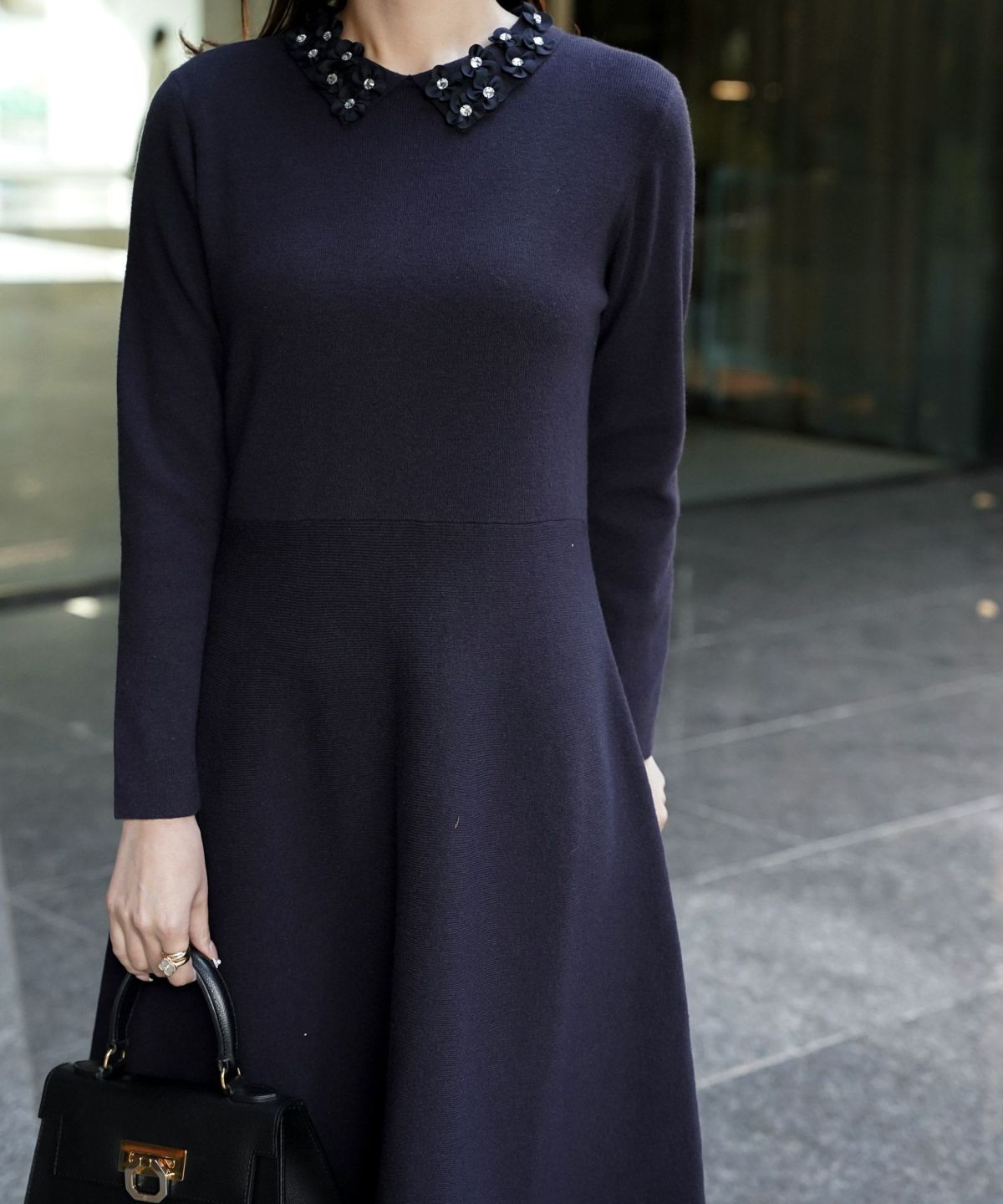 サテン ビジュー 上品 フレア アンゴラタッチ オケージョン/アイボリー/ネイビー/ブラック/ミックス/S/M