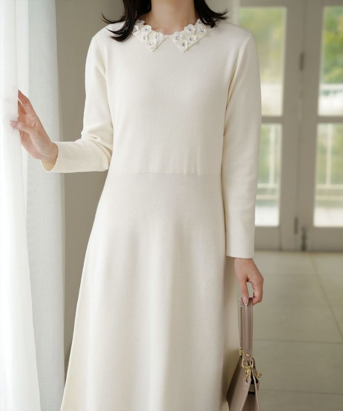 フラワーモチーフ 襟付き ニット ワンピース HUIT ネイビーミックス/アイボリー/ネイビー/ブラック/ミックス