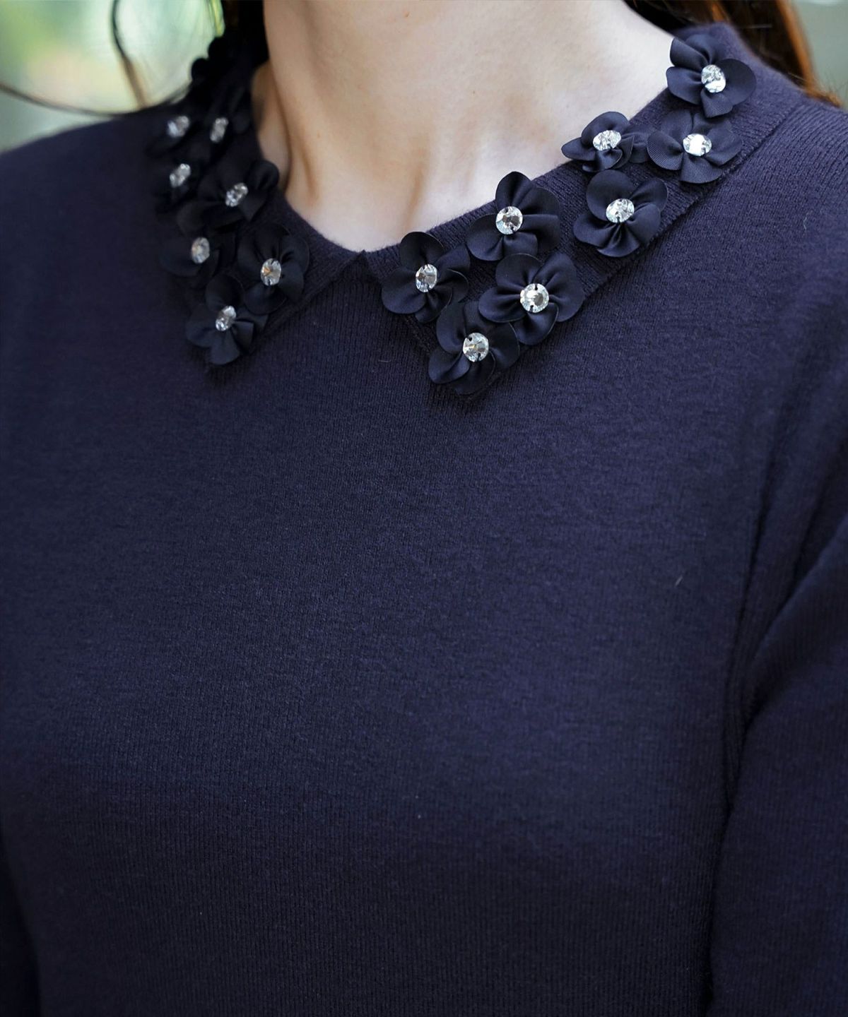 サテン ビジュー 上品 フレア アンゴラタッチ オケージョン/アイボリー/ネイビー/ブラック/ミックス/S/M