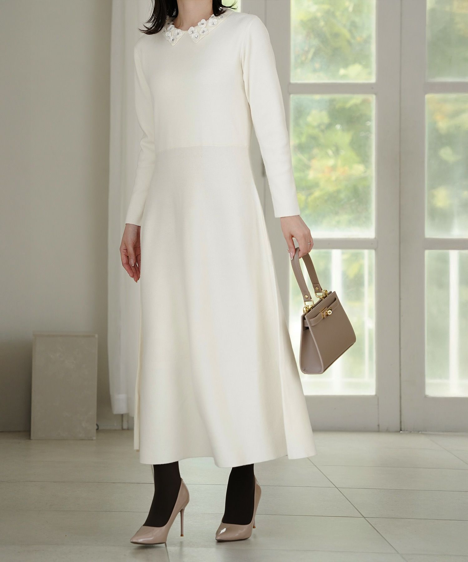 サテン ビジュー 上品 フレア アンゴラタッチ オケージョン/アイボリー/ネイビー/ブラック/ミックス/S/M