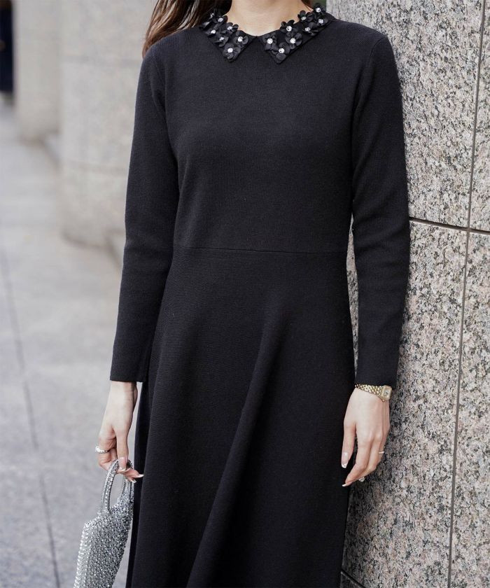 フラワーモチーフ 襟付き ニット ワンピース HUIT ネイビーミックス/アイボリー/ネイビー/ブラック/ミックス