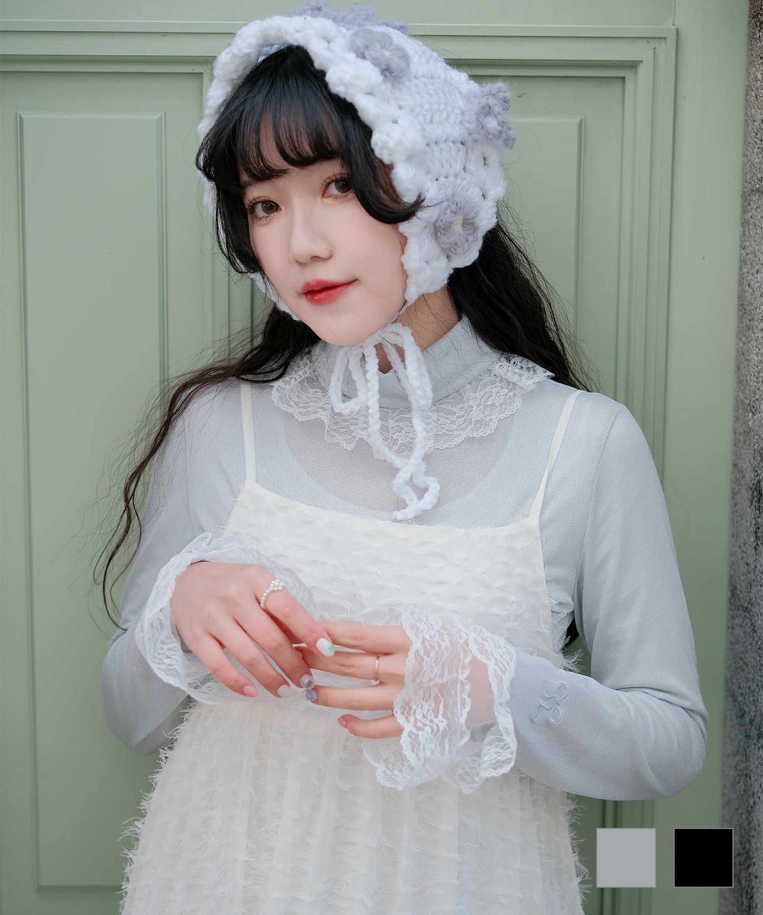 レース 切り替え トップス miolite  シルバーホワイト ブラック