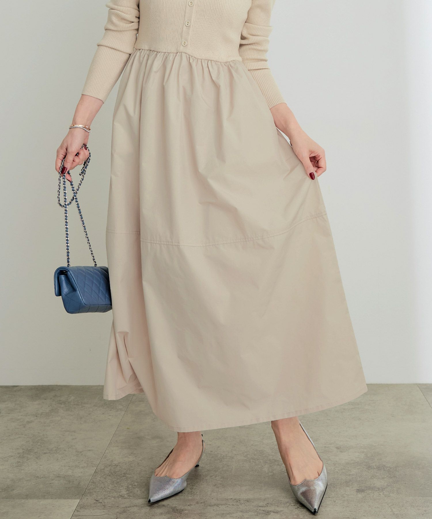 手洗い可レディースワンピースロング大人長袖ニットフレアきれいめオフィス黒秋冬春かわいいジョイントスペース