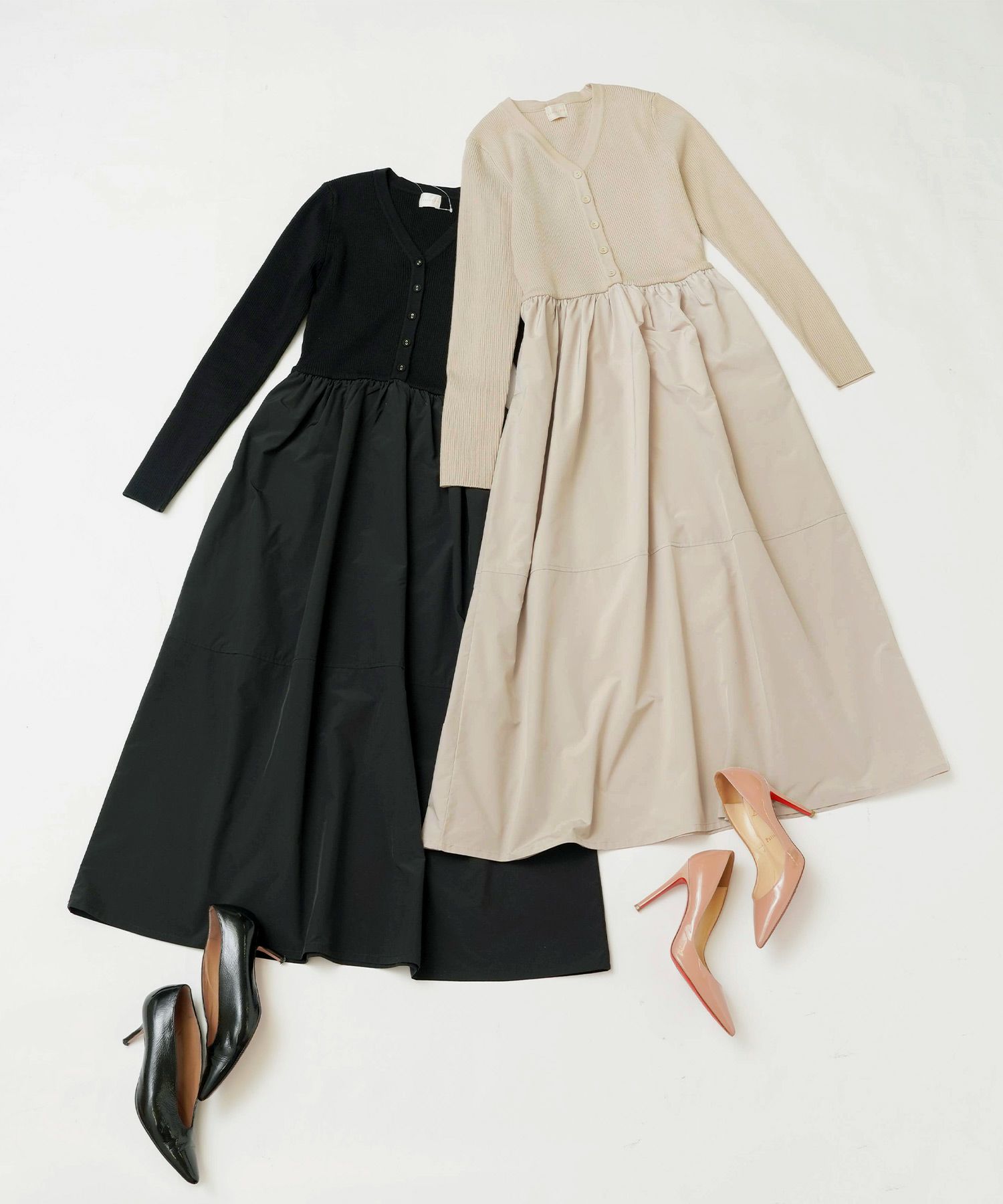 手洗い可レディースワンピースロング大人長袖ニットフレアきれいめオフィス黒秋冬春かわいいジョイントスペース