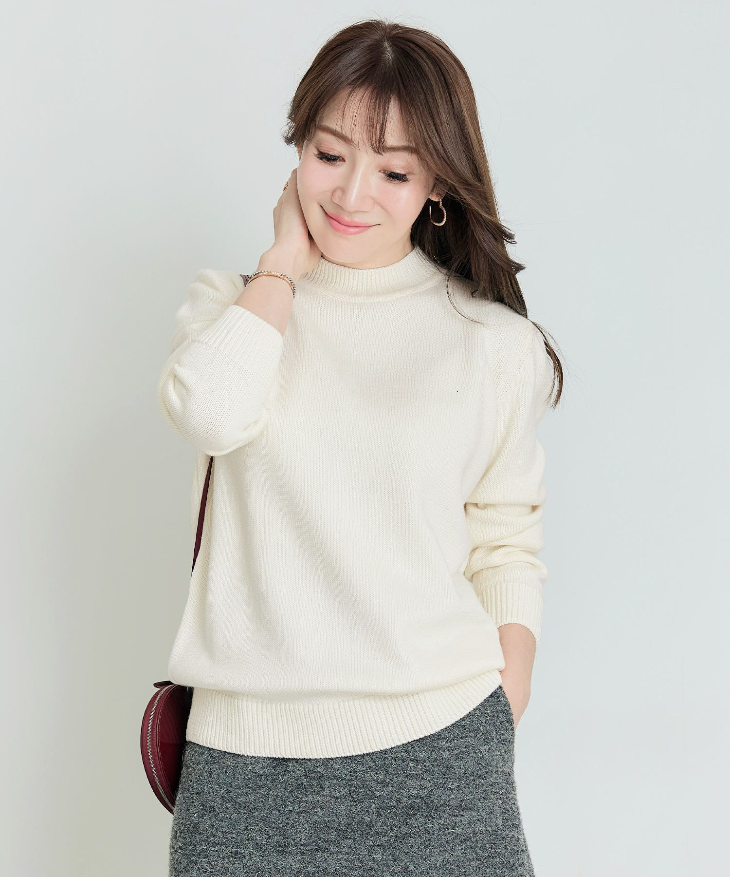 手洗い可ニットトップスレディースかわいいきれいめ大人秋冬白オフィス長袖ジョイントスペース