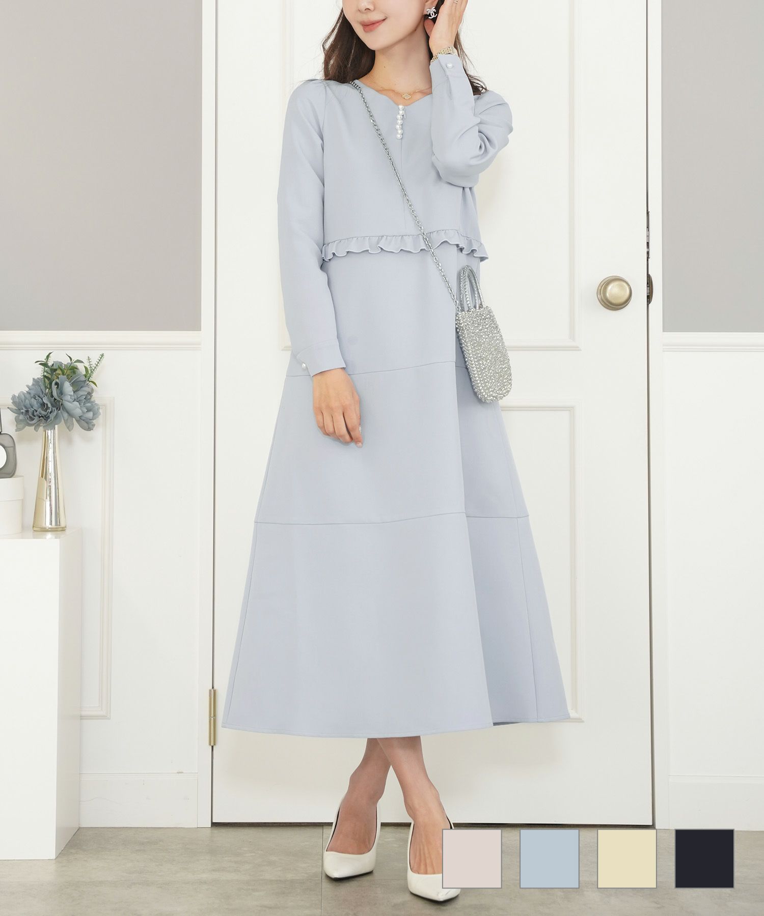 Occasion-SALE フロントファスナー バックリボン フレアワンピース le  