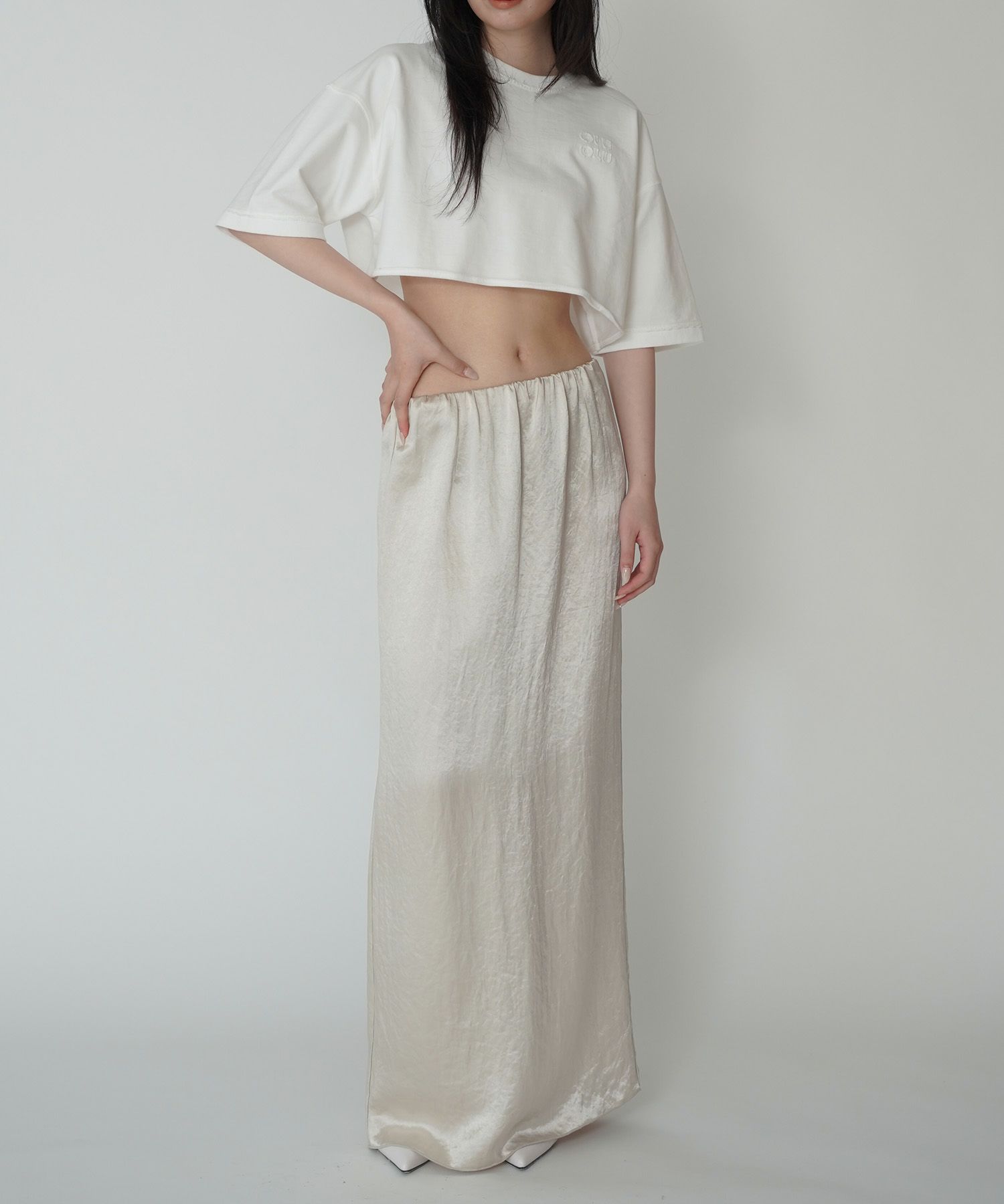 アセテート サテン スカート Iライン 光沢 アイボリー/ブラック/フリー/ロング丈