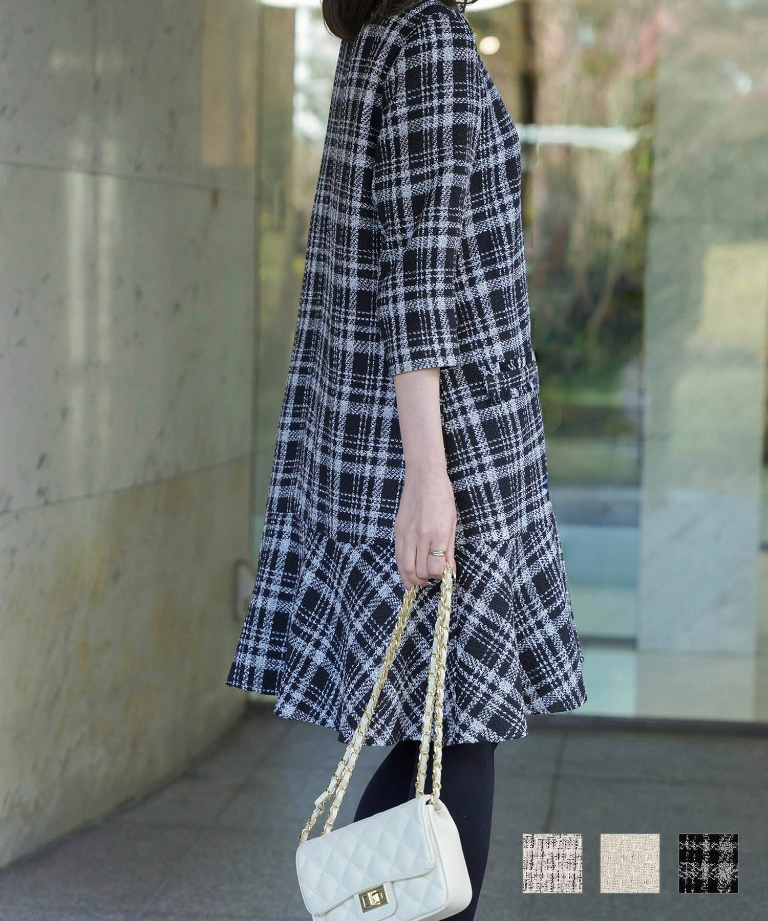  ツイード フリルヘム ワンピース HUITグレーミックス/ベージュ/ブラック