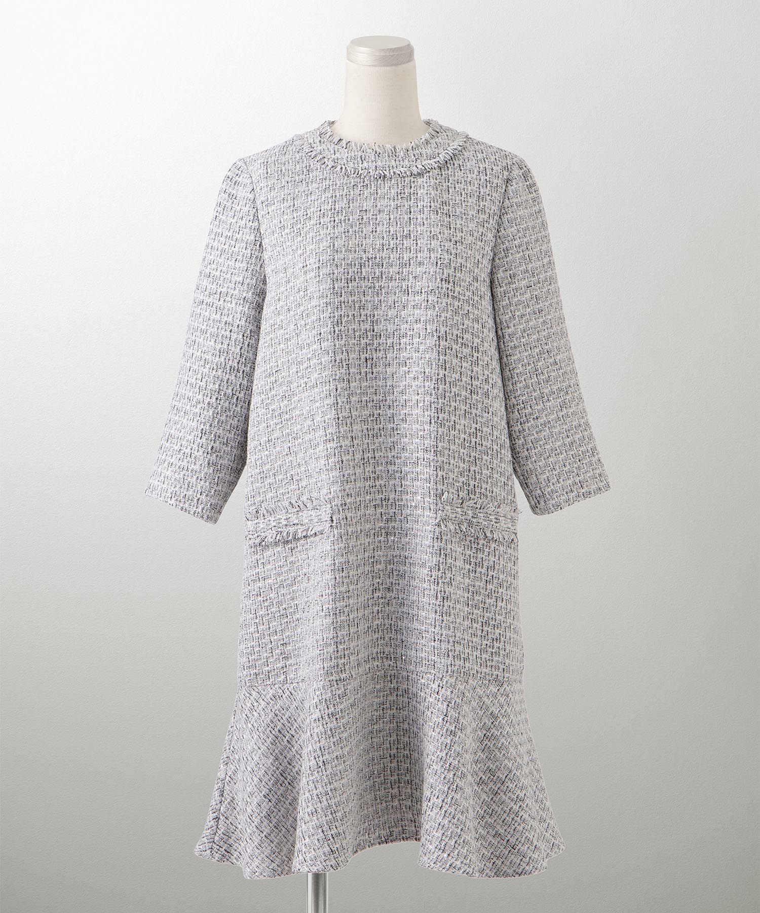 ツイード フリルヘム スパンコール チェック 上品 ミニ丈 グレーミックス/ベージュ/ブラック/M