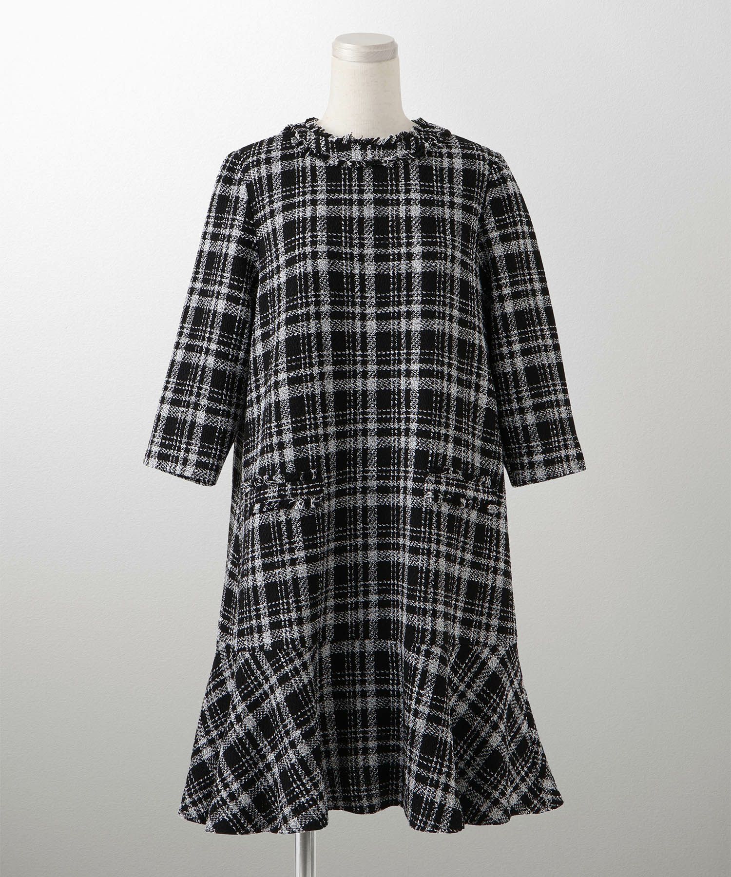 ツイード フリルヘム スパンコール チェック 上品 ミニ丈 グレーミックス/ベージュ/ブラック/M