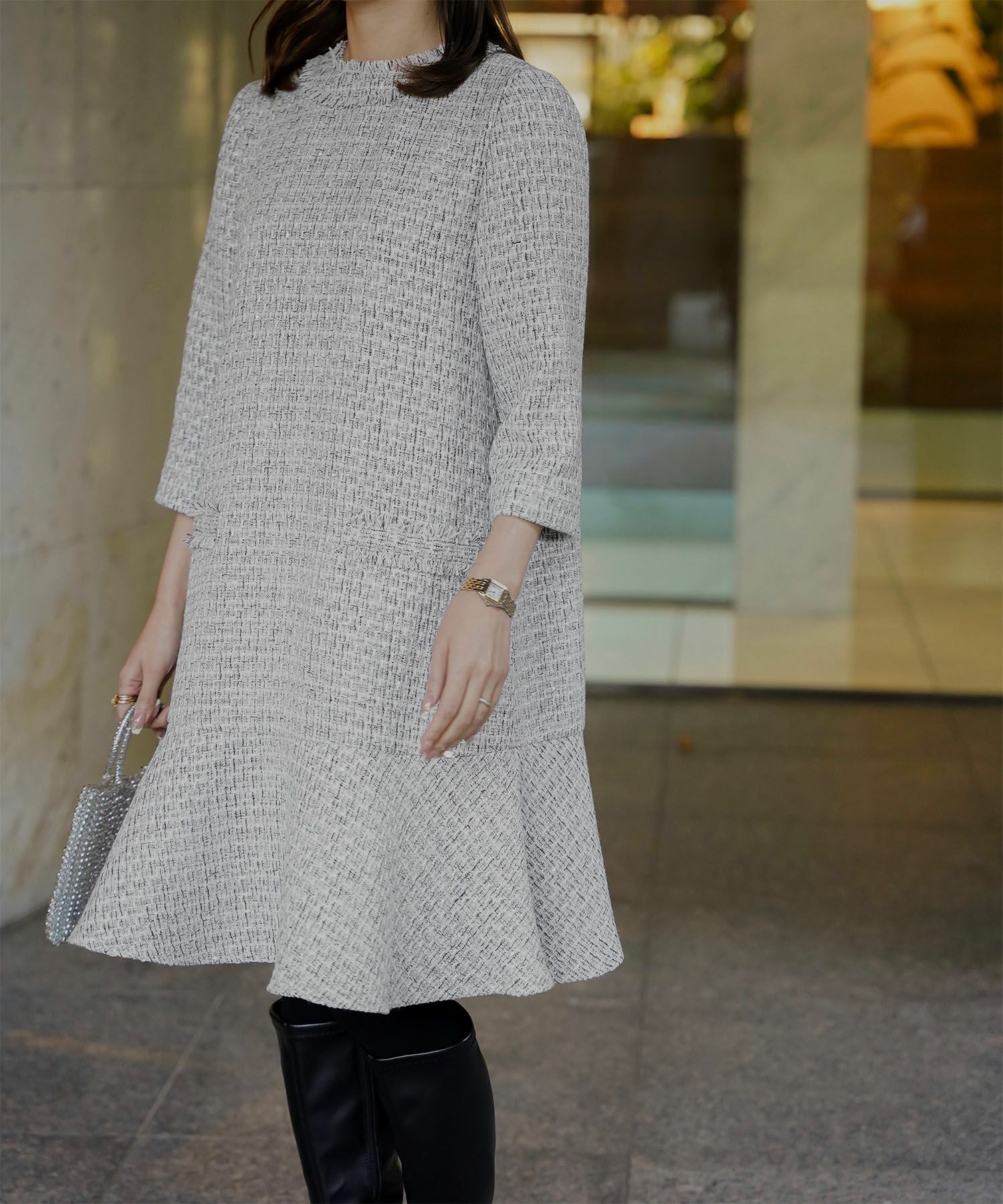 ツイード フリルヘム スパンコール チェック 上品 ミニ丈 グレーミックス/ベージュ/ブラック/M