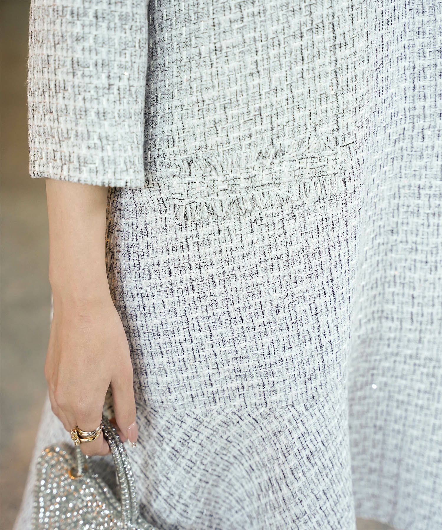 ツイード フリルヘム スパンコール チェック 上品 ミニ丈 グレーミックス/ベージュ/ブラック/M