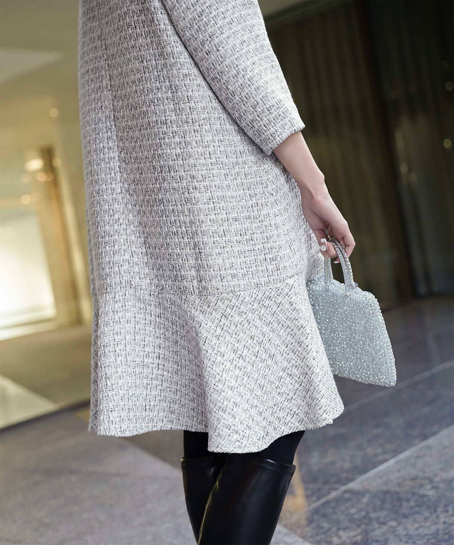 ツイード フリルヘム スパンコール チェック 上品 ミニ丈 グレーミックス/ベージュ/ブラック/M