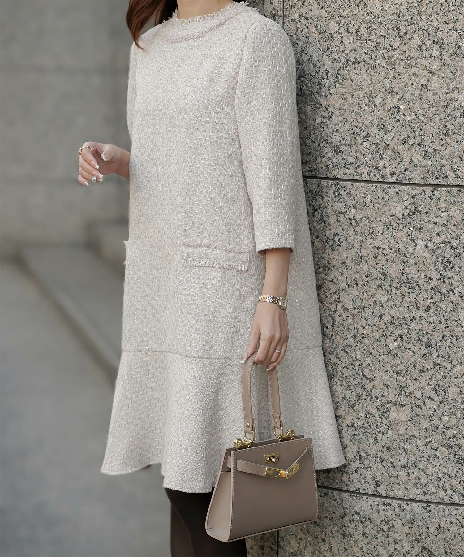 ツイード フリルヘム スパンコール チェック 上品 ミニ丈 グレーミックス/ベージュ/ブラック/M