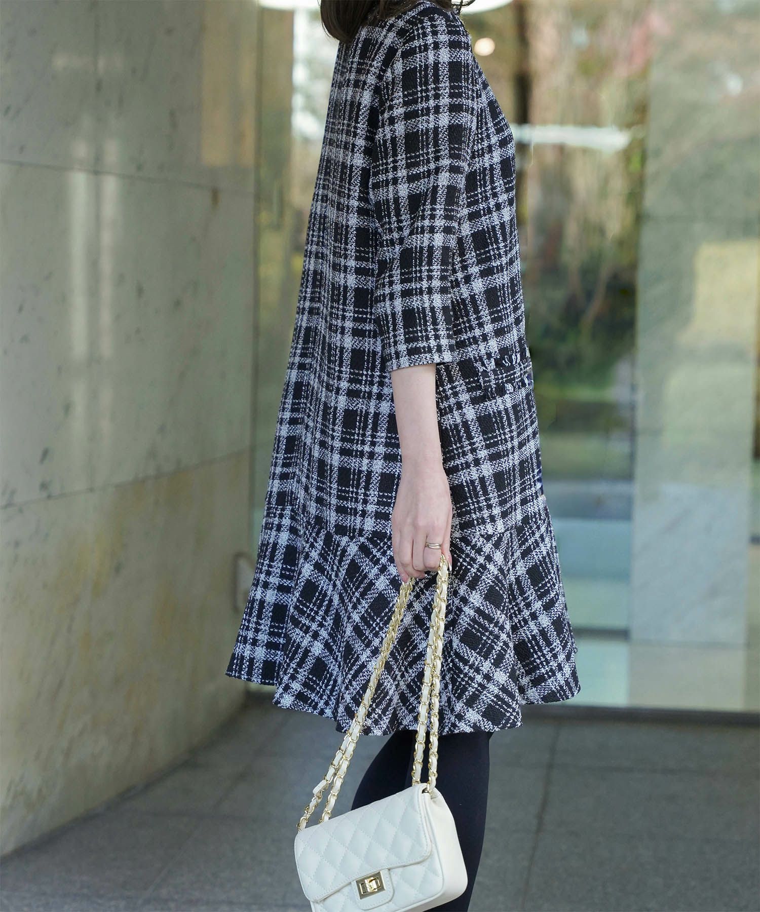 ツイード フリルヘム スパンコール チェック 上品 ミニ丈 グレーミックス/ベージュ/ブラック/M