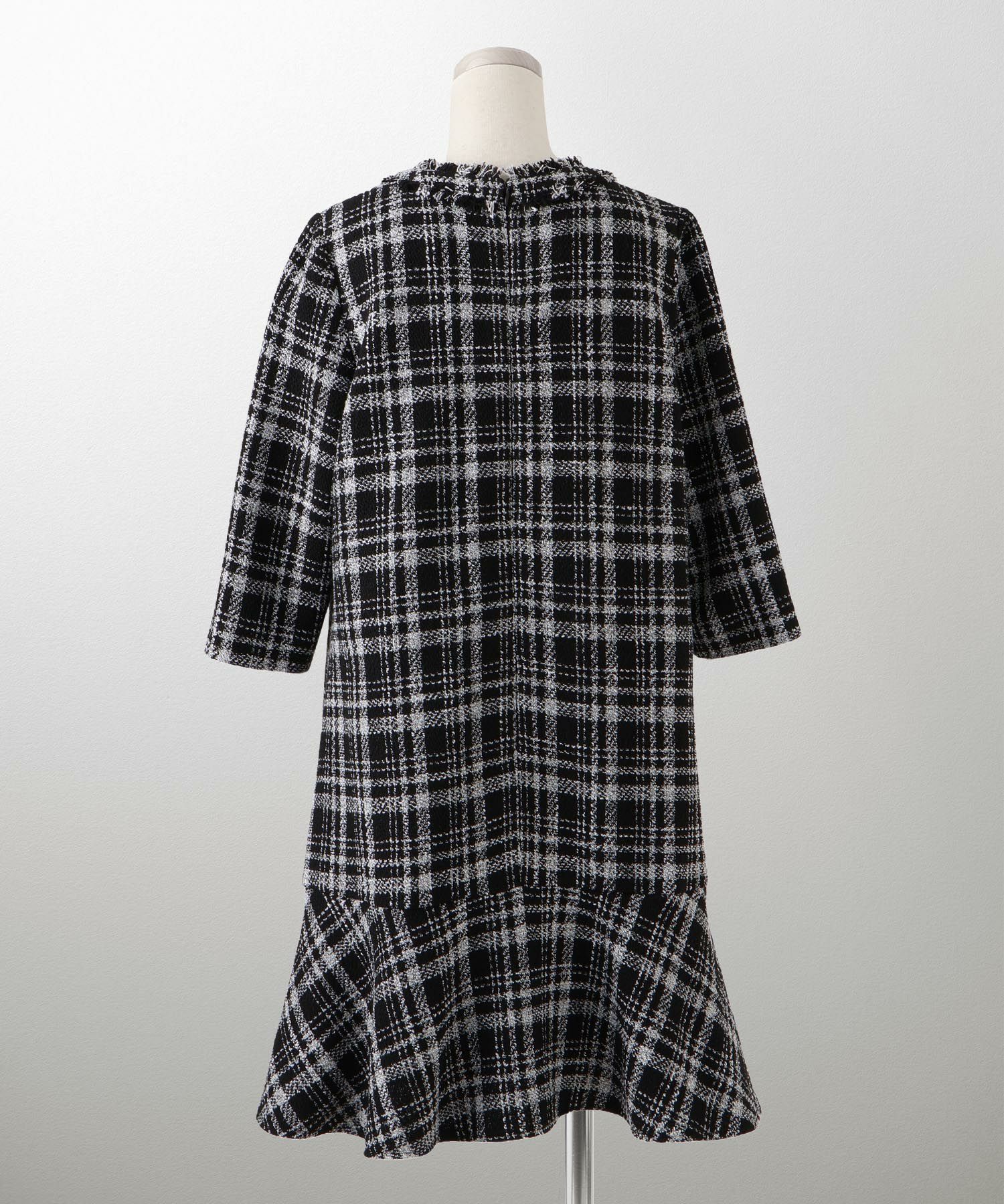 ツイード フリルヘム スパンコール チェック 上品 ミニ丈 グレーミックス/ベージュ/ブラック/M