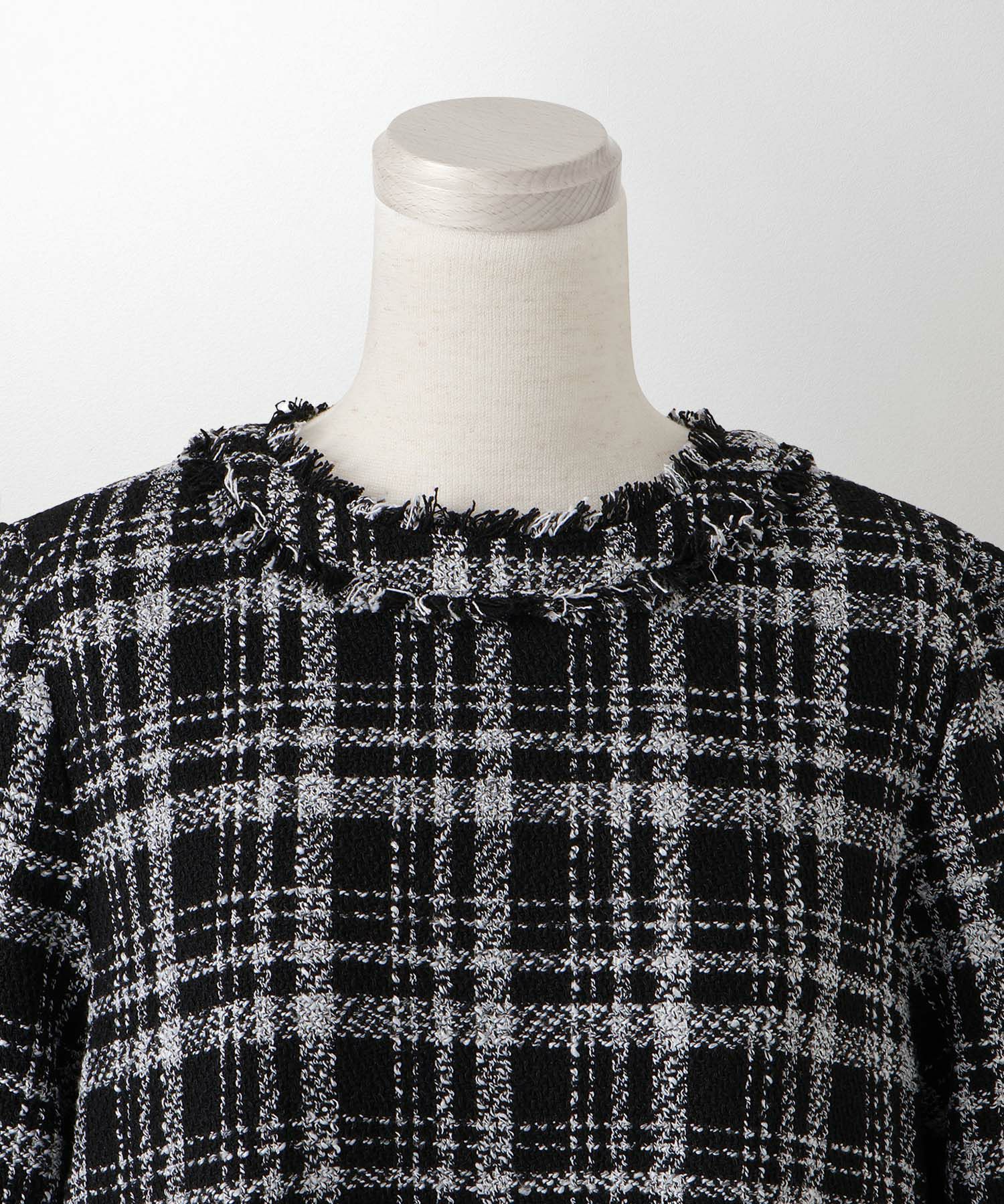 ツイード フリルヘム スパンコール チェック 上品 ミニ丈 グレーミックス/ベージュ/ブラック/M