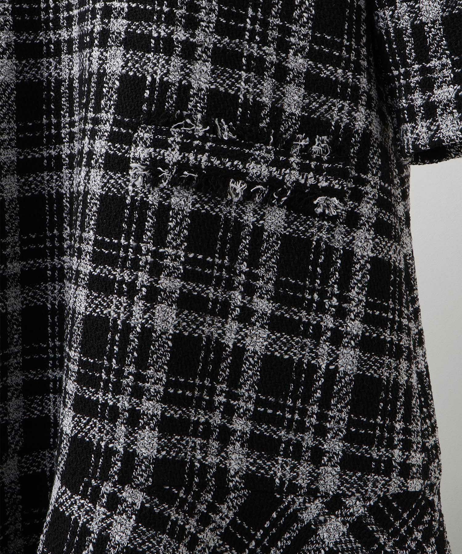 ツイード フリルヘム スパンコール チェック 上品 ミニ丈 グレーミックス/ベージュ/ブラック/M