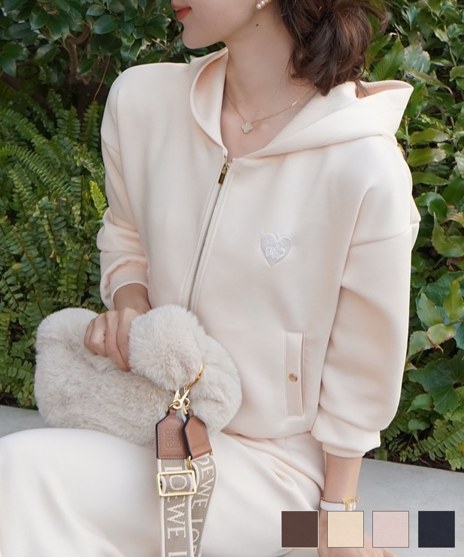 レディース/トップス/パーカー/カットソー/ダンボールニット/伸縮性/長袖/春/秋/冬/ワンマイル/旅行/運動会/お出かけ/オフィスカジュアル/エレガント/カジュアル/フェミニン/刺繍/ハート/ロゴ/アイボリー/ピンク/ネイビー/新色/ブラ