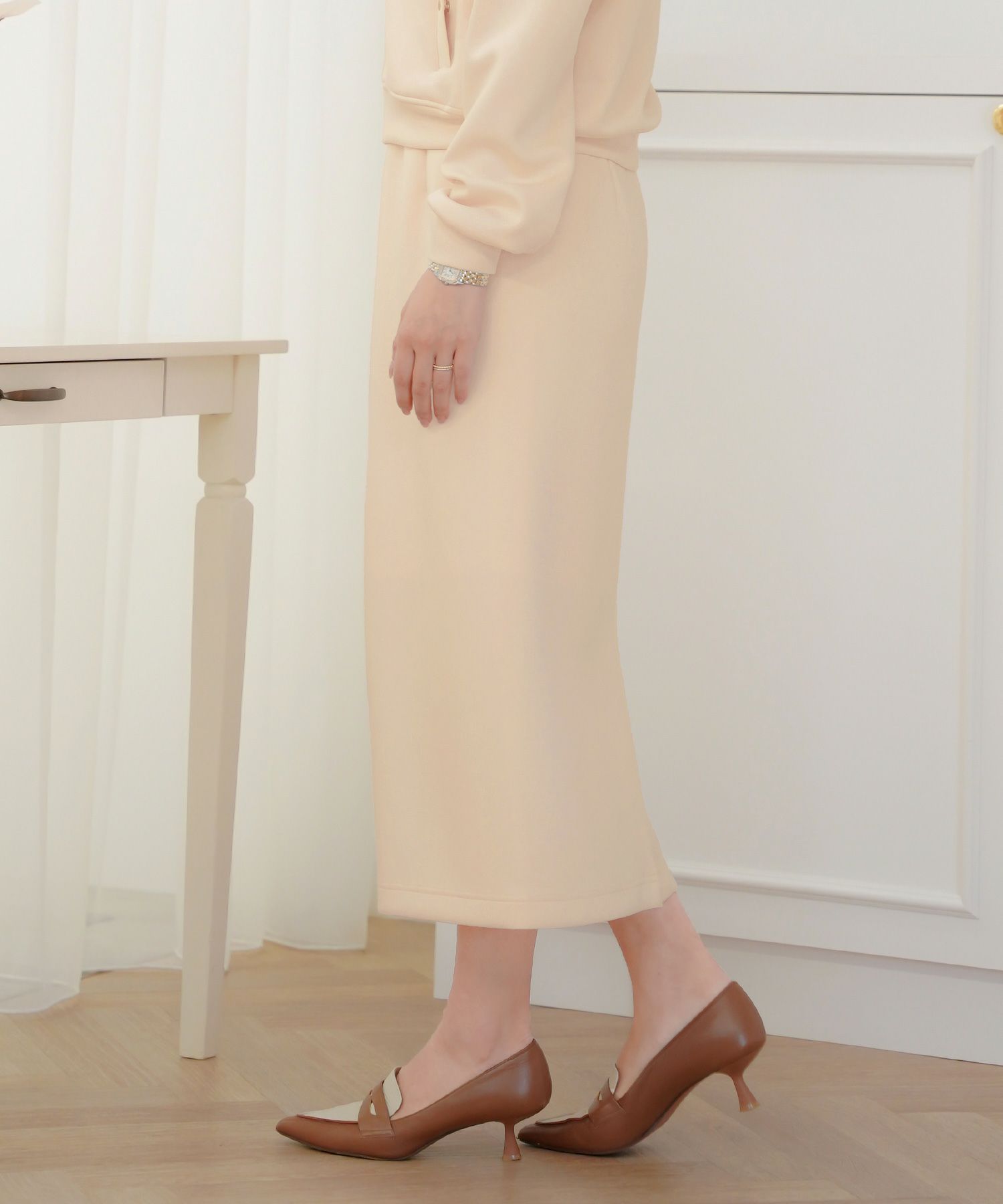 レディース/ボトムス/スカート/タイトスカート/カットソー/ダンボールニット/伸縮性/春/秋/冬/ワンマイル/旅行/運動会/お出かけ/オフィスカジュアル/エレガント/カジュアル/フェミニン/刺繍/ウエストゴム/アイボリー/ピンク/ネイビー/新色/ブラウン