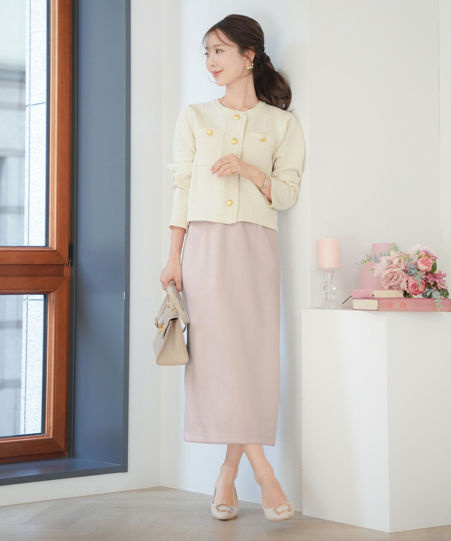 レディース/ボトムス/スカート/タイトスカート/カットソー/ダンボールニット/伸縮性/春/秋/冬/ワンマイル/旅行/運動会/お出かけ/オフィスカジュアル/エレガント/カジュアル/フェミニン/刺繍/ウエストゴム/アイボリー/ピンク/ネイビー/新色/ブラウン