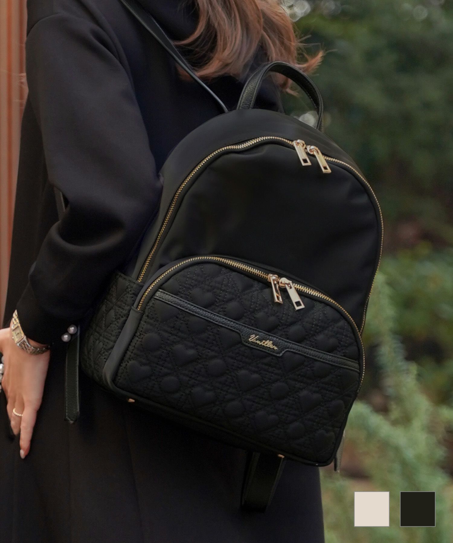 オリジナルハートキルティングナイロンリュックサックlerevevanillerピンクベージュ/ブラック