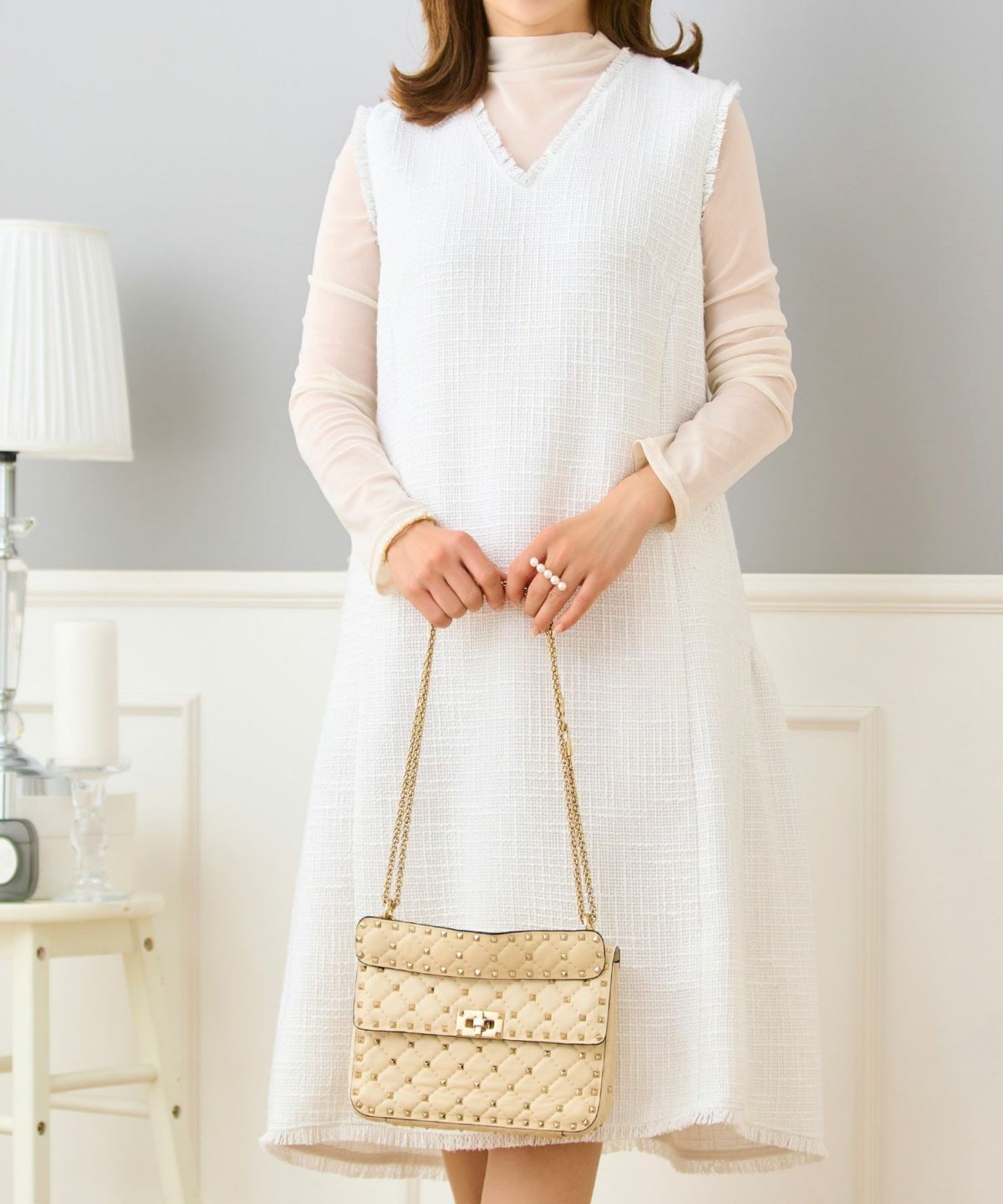 ツイードワンピース生地レディースきれいめ春秋人気おしゃれ大人服かわいい白ジョイントスペース