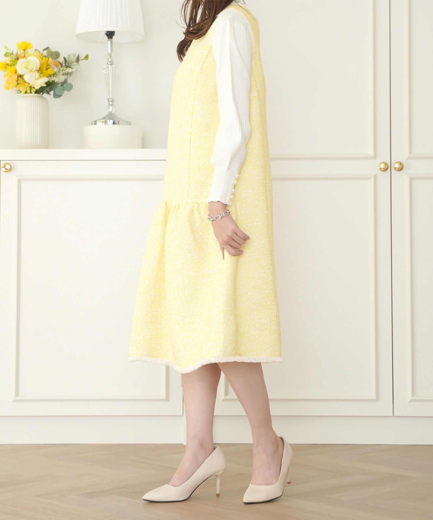 ツイードワンピース生地レディースきれいめ春秋人気おしゃれ大人服かわいい白ジョイントスペース